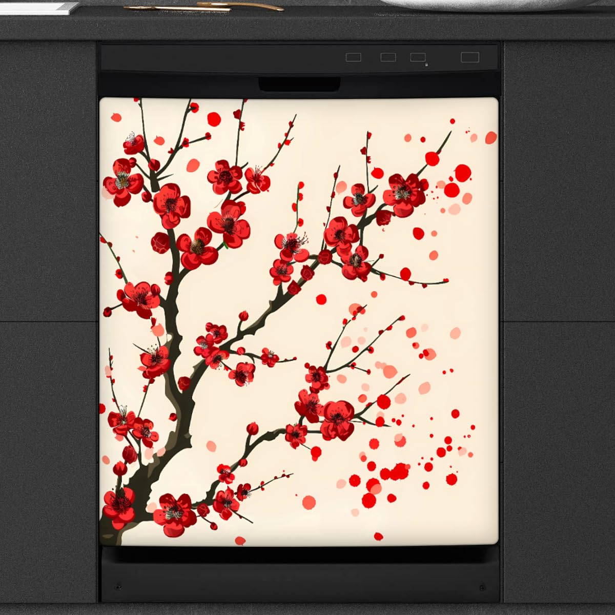 Dishwasher Magnet Cover Red Japanese Cherry Blossom Flower Reusable Dishwasher Magnetic Cover Sticker Decorative Dish Washer Door Cover Panel for Home Kitcen Appliance