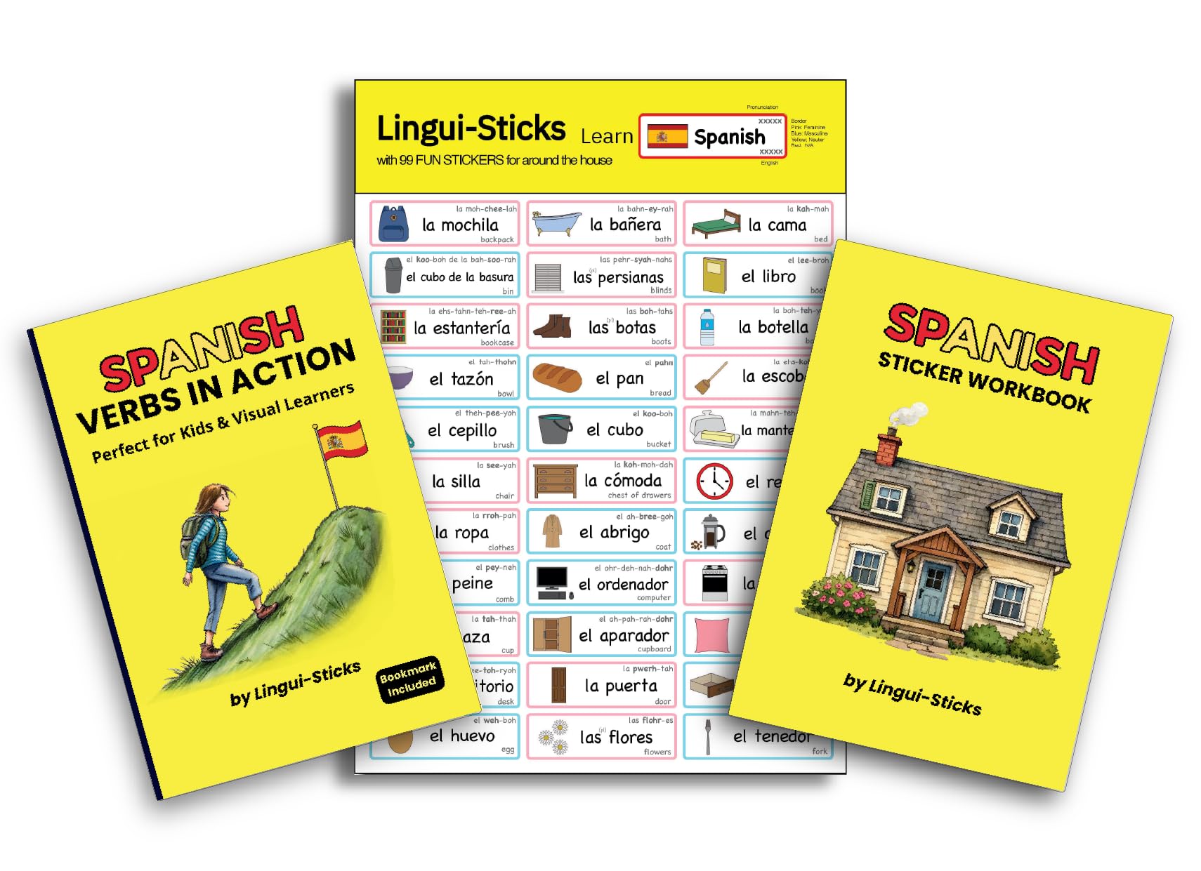 Spanish Beginner Starter Pack for Kids & Adults - Workbook, Verb Book & 99 Home Vocabulary Stickers - Fun Visual Sentence Building Kit