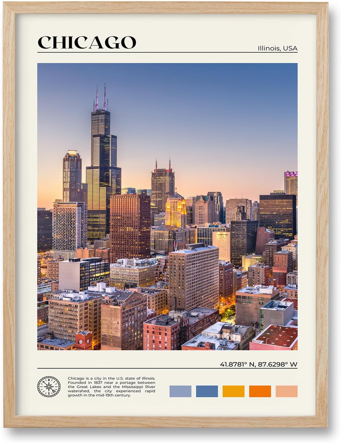 HesenDot Natural OAK Wood Chicago Cityscape Framed Wall Art,12x16in City Skyline Canvas Wall Print,Modern Urban Landmark Wall Decor for Living Room,Bedroom,Office Gallery Gifts Set of 1