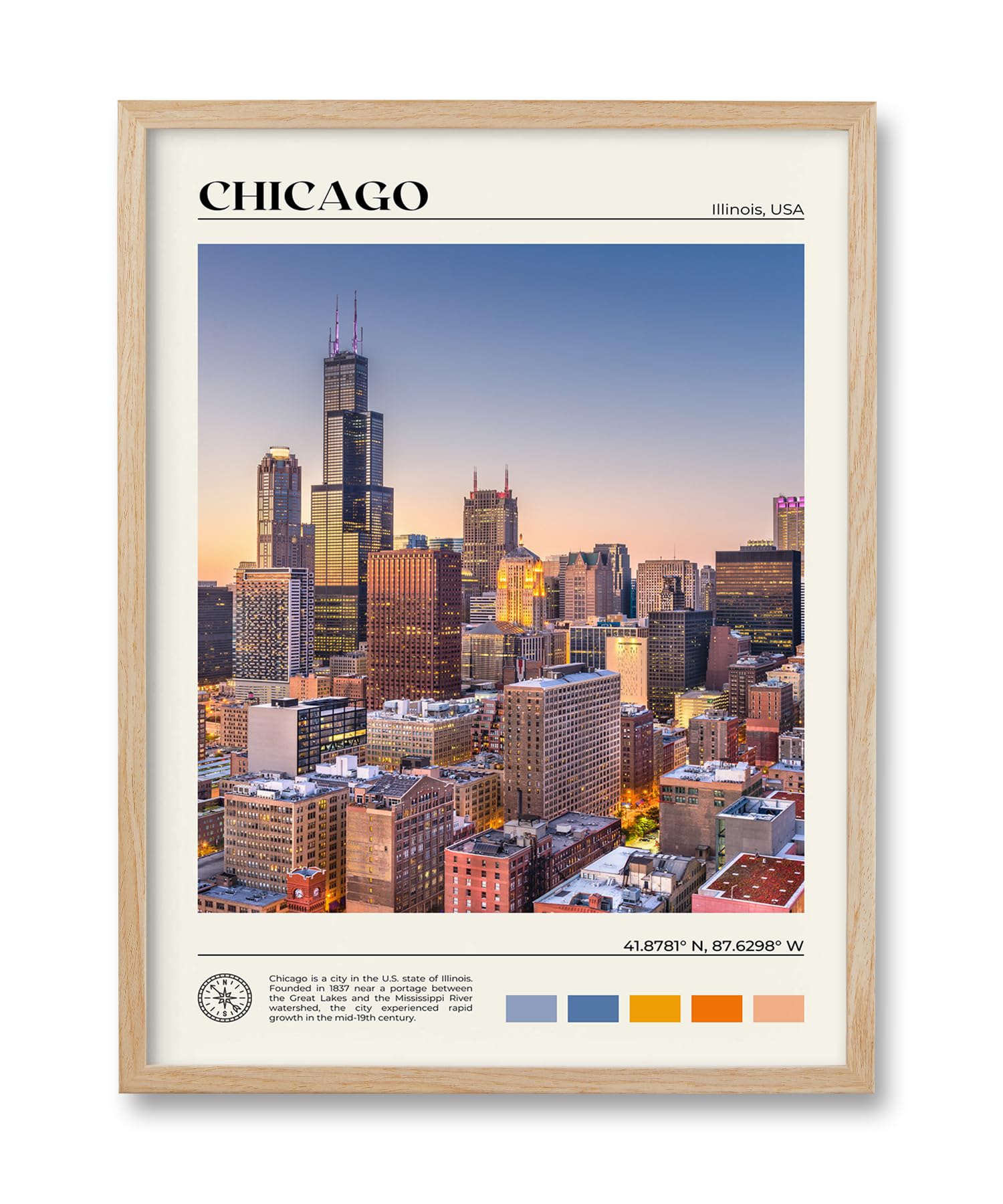 HesenDot Natural OAK Wood Chicago Cityscape Framed Wall Art,12x16in City Skyline Canvas Wall Print,Modern Urban Landmark Wall Decor for Living Room,Bedroom,Office Gallery Gifts Set of 1