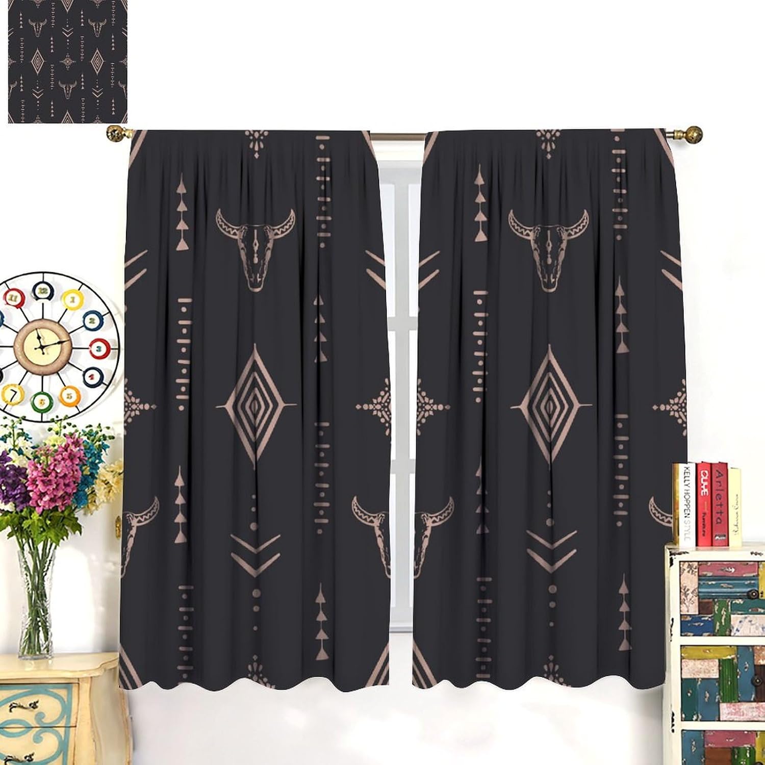 Tribal Aztec Curtains, Native Curtains Boho Bull Skull Native Tribal Pattern Room Darkening Rod Pocket Window Treatments for Bedroom Living Room Kitchen Set 2 Panels,42x63 Inches