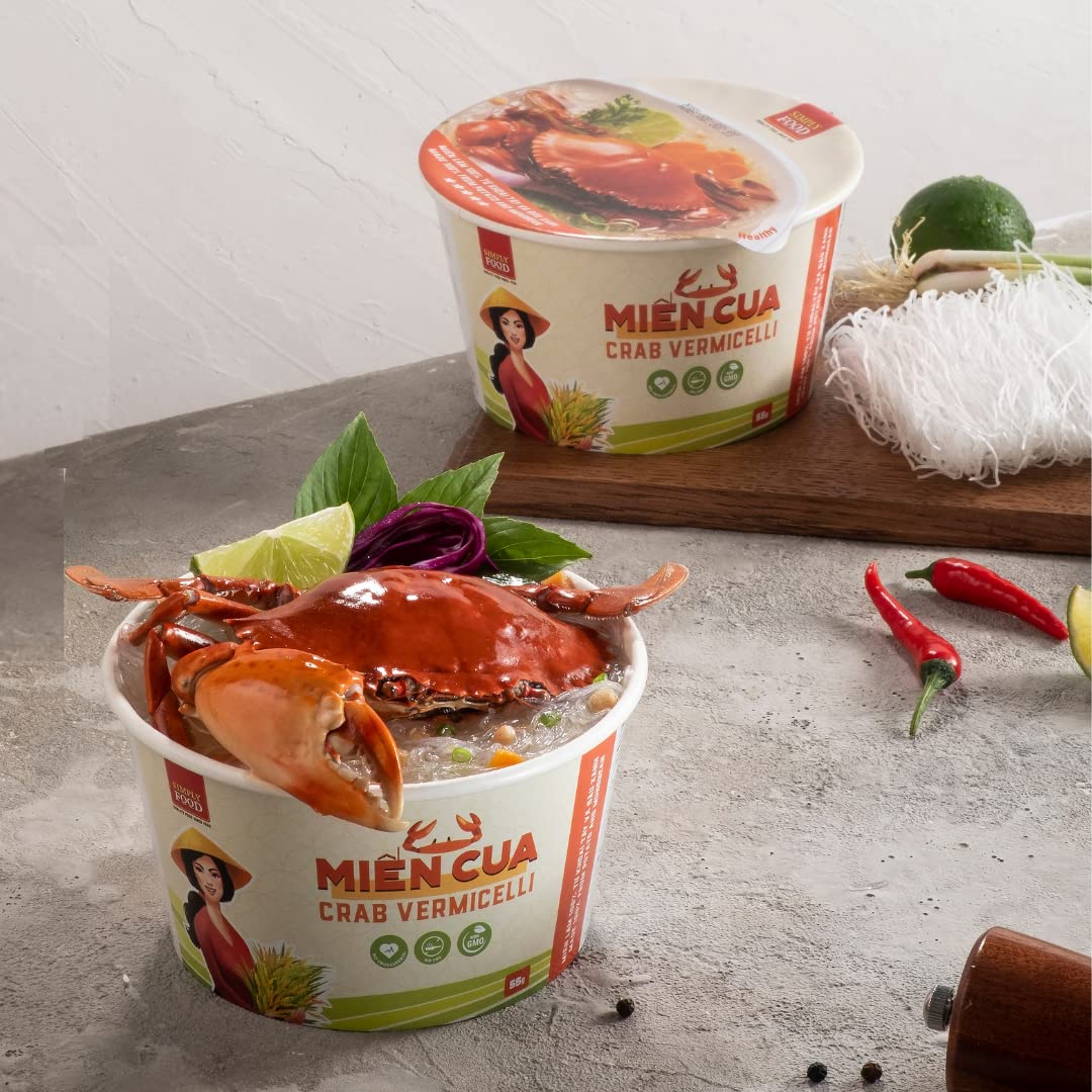 SIMPLY FOOD Instant Crab Glass Noodles (Miến Cua) - 9 BOWLS/ 55g each – Chewy, Clear Glass Vermicelli Noodles in a Seafood Crab Broth