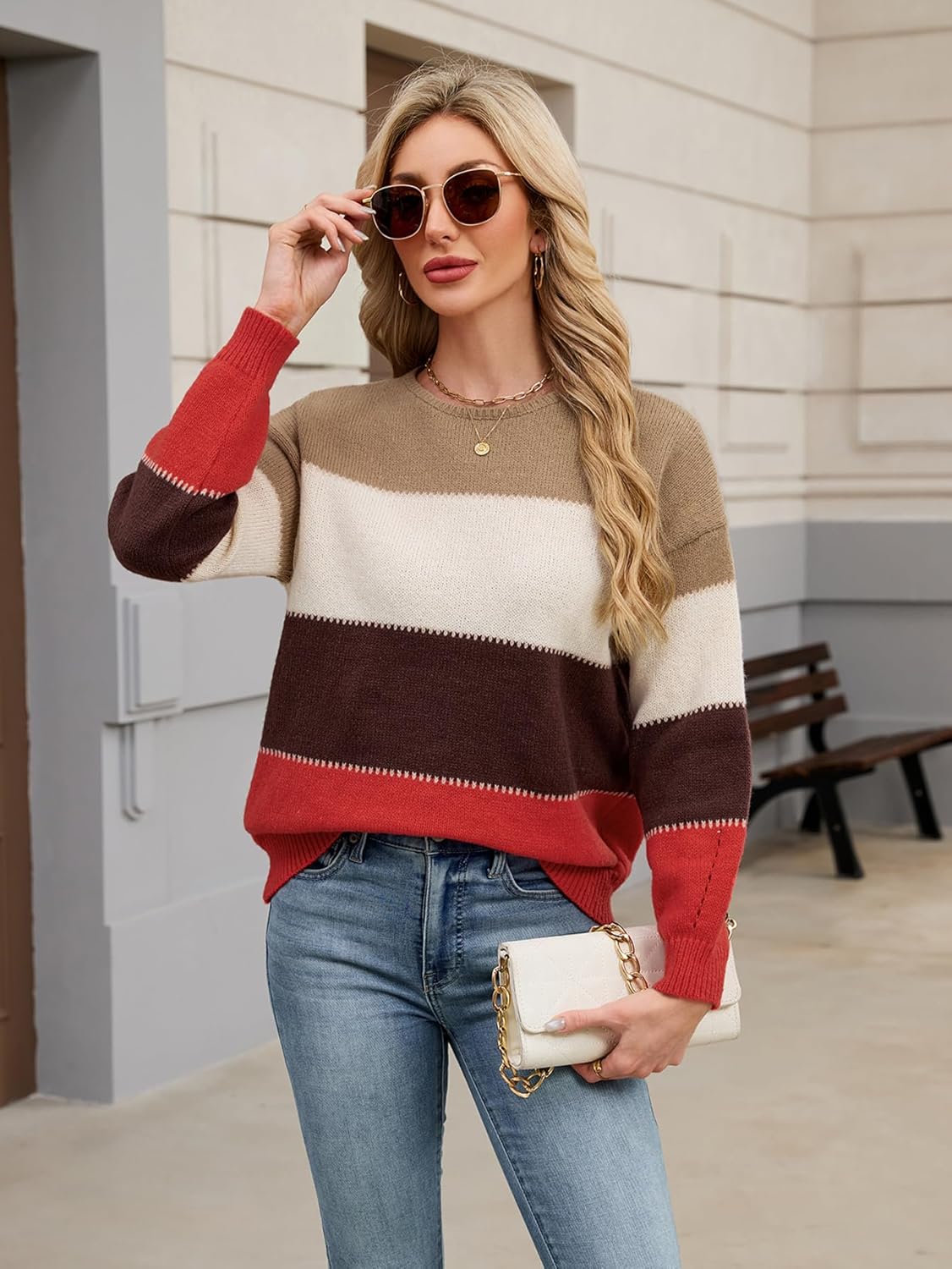 Womens Oversized Cute Color Block Sweater Fall 2025 Trendy Lightweight Knit Crew Neck Long Sleeve Pullover Sweaters - Image 4
