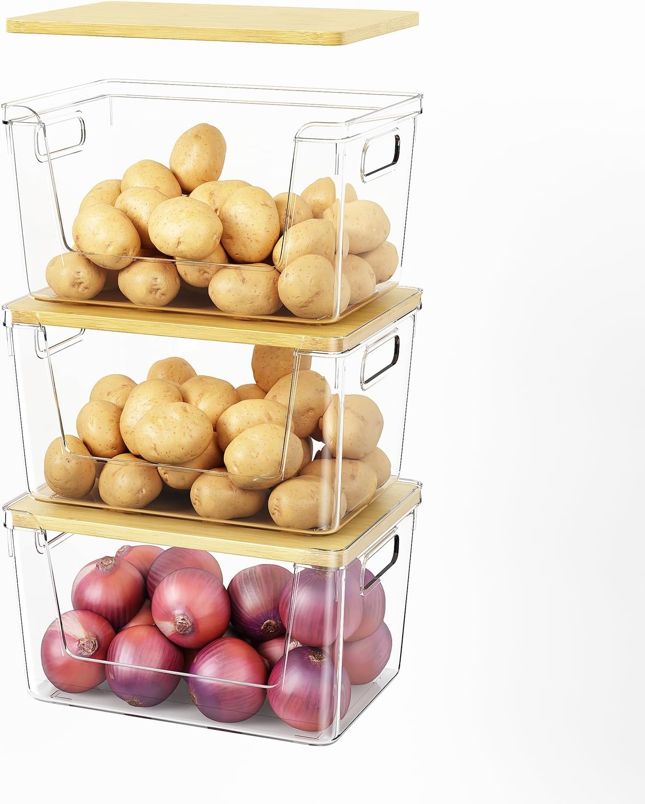 3 Set Pantry Organizer and Stackable Storage Kitchen,Sturdy and Durable Storage Basket for Potato, Onion, Garlic, Fruit, Vegetable, Produce, Clear Plastic Storage with Lid&Handle