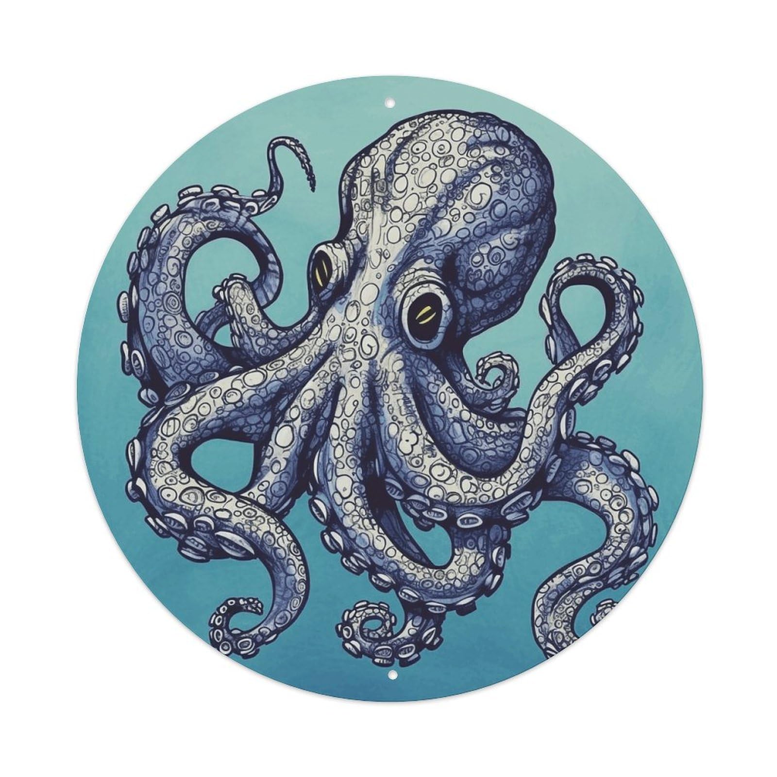 LZQPOEAS Octopus Design Round Aluminum Wall Art Sign, Metal Indoor Wall Decor with Holes, Durable Circular Aluminum Plaque for Home, Bar, Cafe, Living Room, And Office Decoration