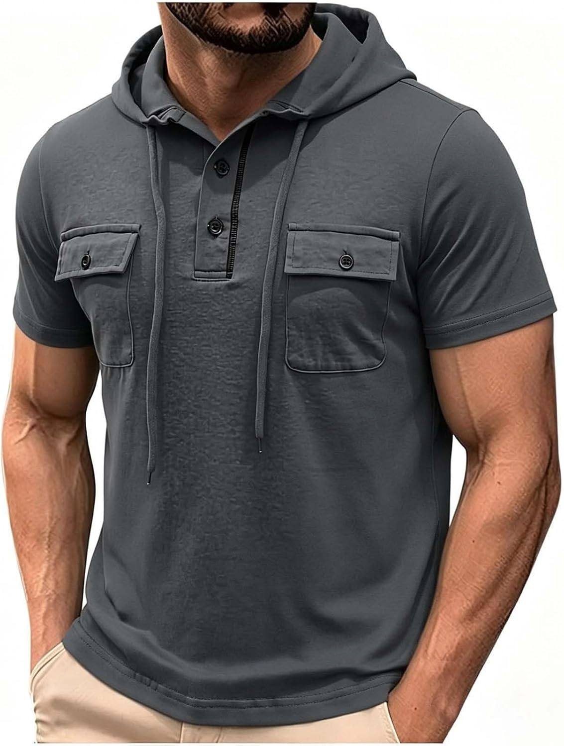 Men Short Sleeve Hoodie Cotton Henley Button Up Hooded T-Shirts Casual Pullover Sweatshirts with Pocket