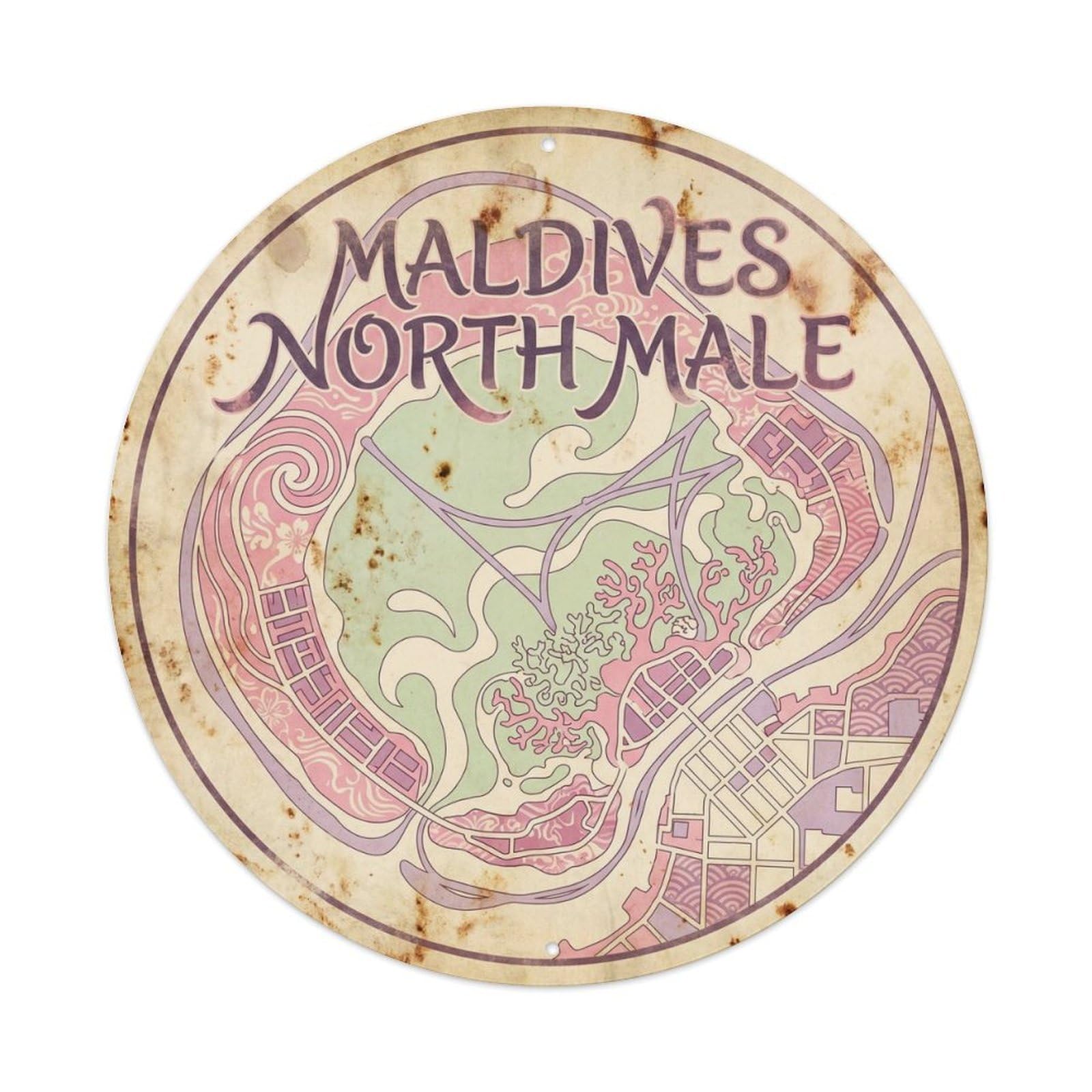 North Male Maldives Tropical Lagoon Vintage Woodcut Metal Tin Sign