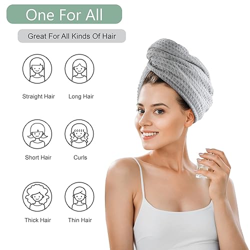Miniatura 9 de Toalla de secado de pelo de microfibra, 2 paquetes de turbante de pelo largo tipo waffle, paño de rizo de secado rápido, absorbente y