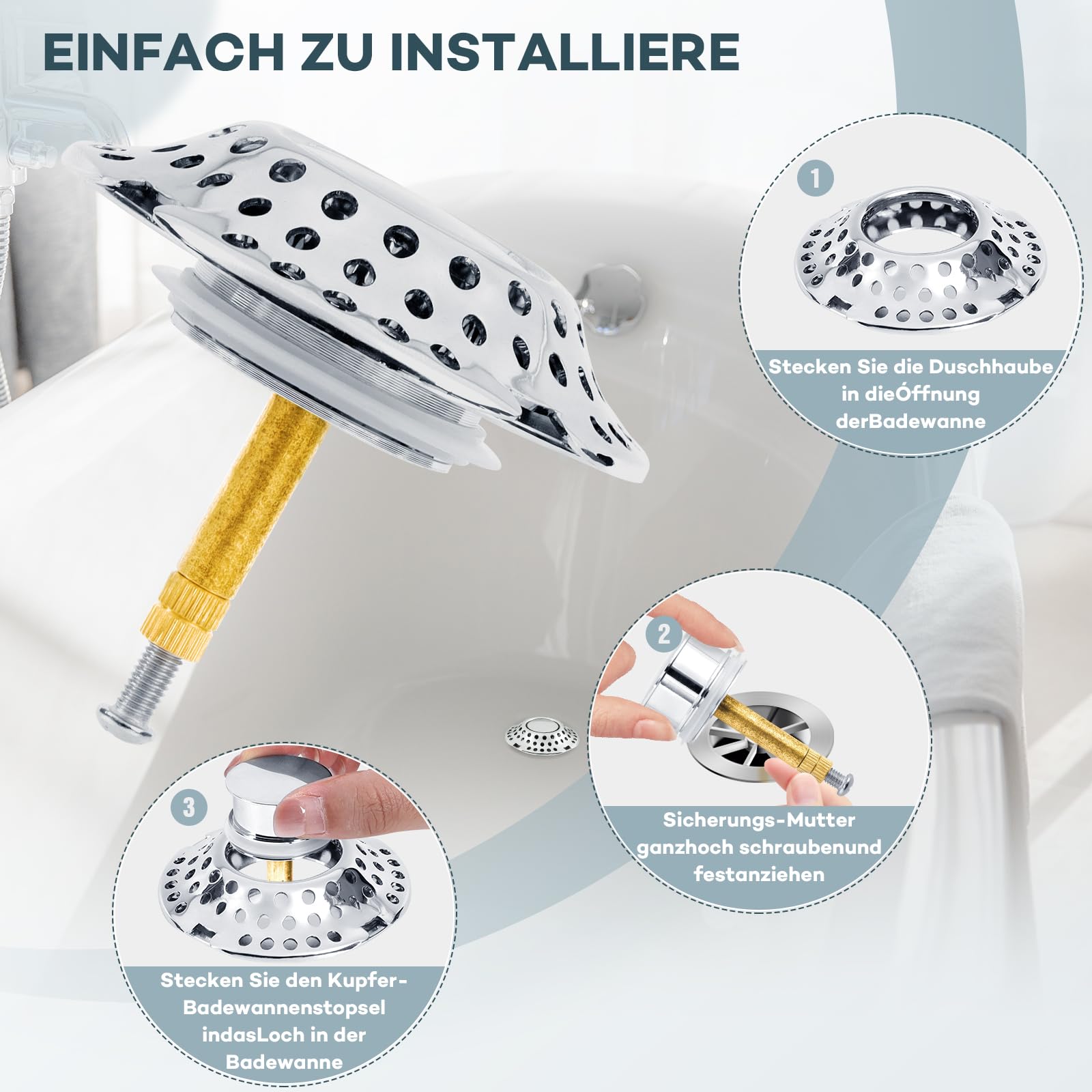 Tappo Per Vasca Universale Powerruif Tappo Vasca Da Bagno Universale, 2 In 1 Filtro Per Capelli , Tappo Di Scarico Cromato In Ottone Massiccio Con Design Del Filtro, Regolabile In Altezza Tappo - 5