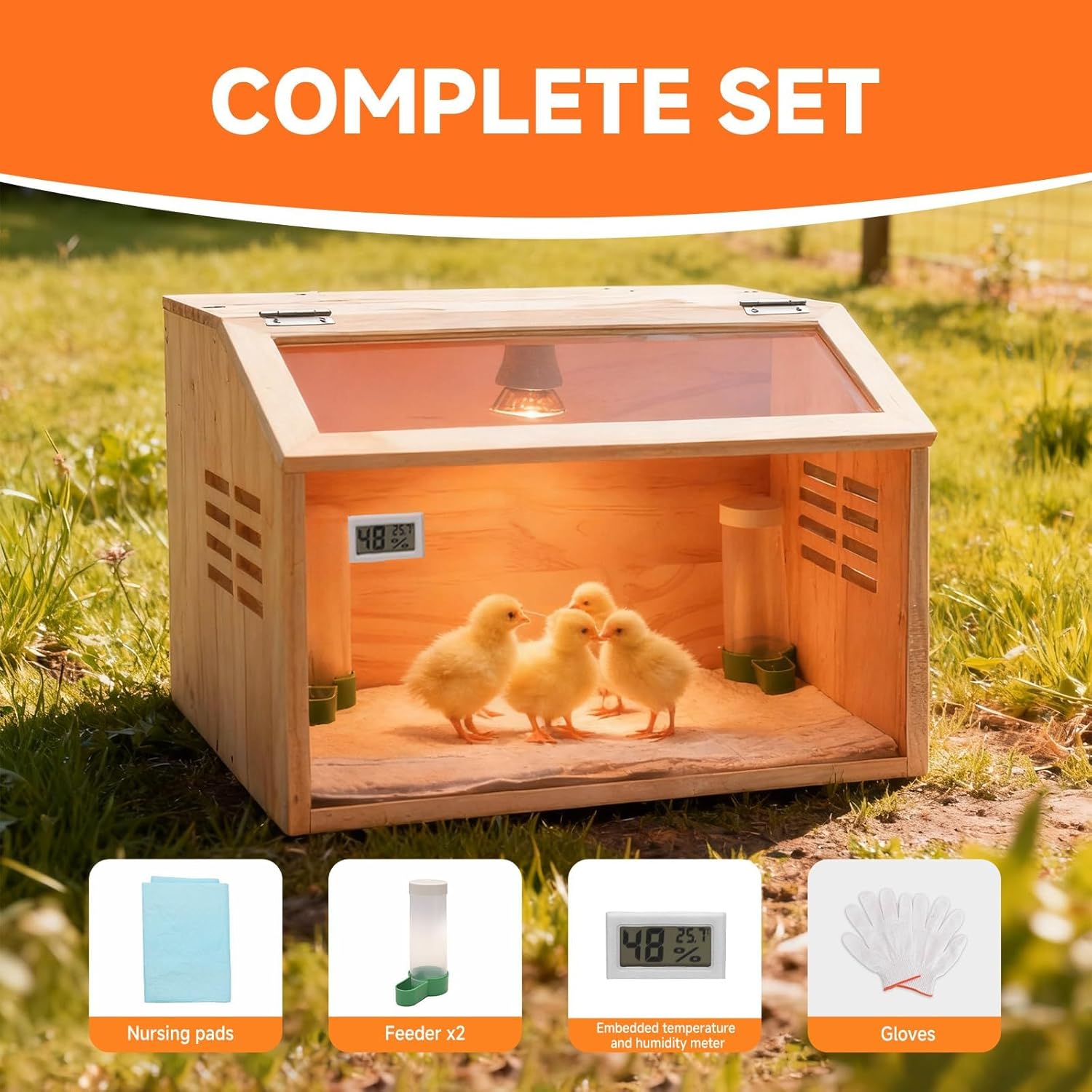 Brooder Box for Chicks Thick Wooden Chicken Brooder Box with Pre-Drilled Holes, Heating Lamp & Thermometer Included, Suitable for Chicks, Ducks, Quails, Hamsters & Small Animals 15.7 x 12 x 12 in