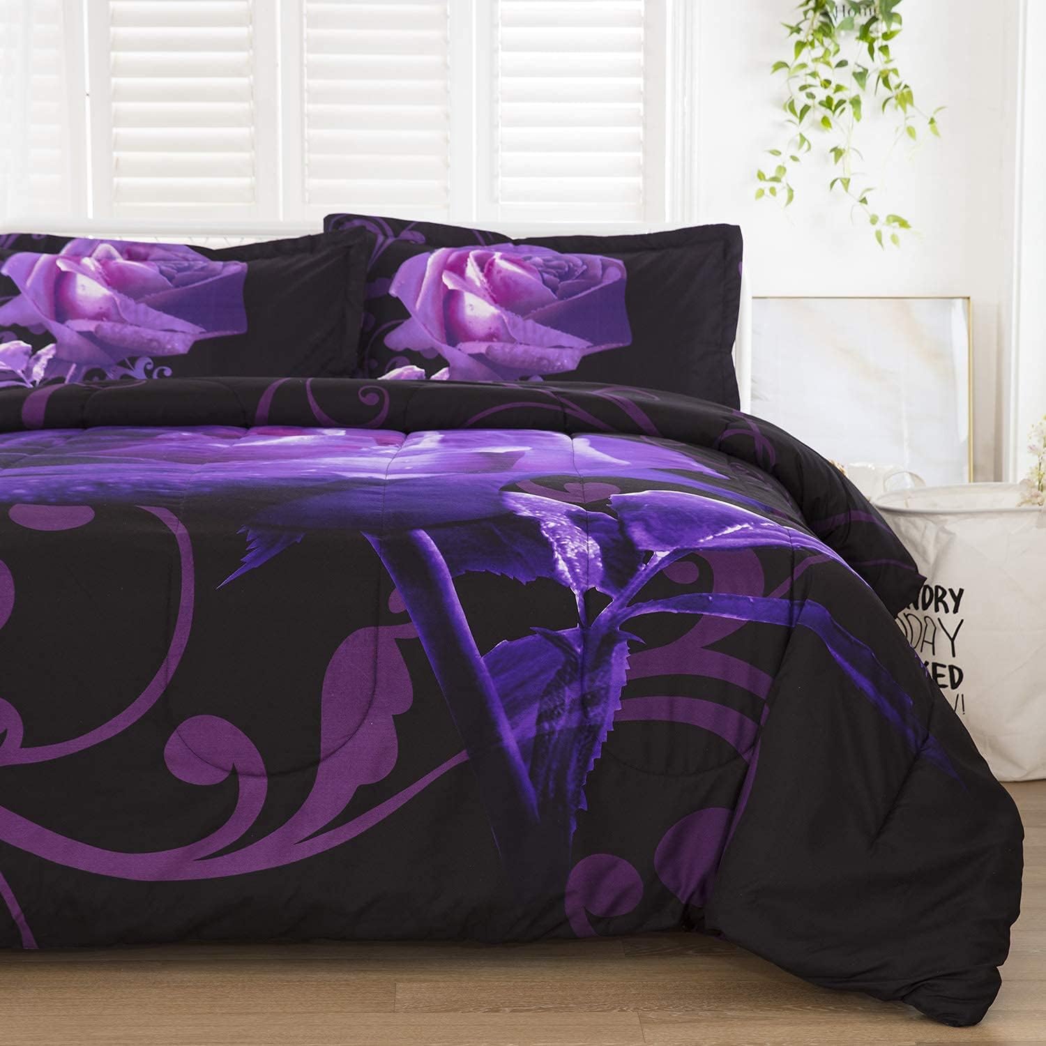 Purple Comforter Set Full Reversible Purple Rose Pattern