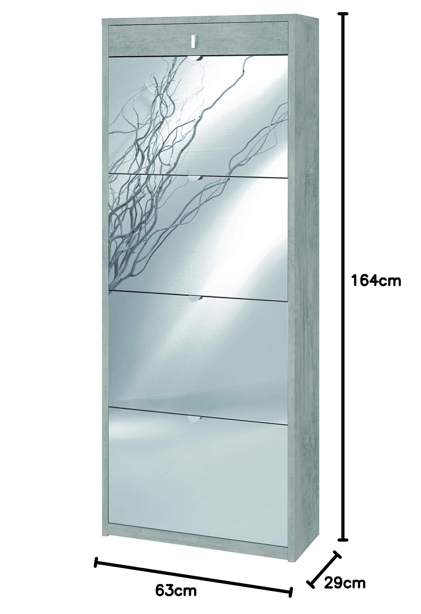 Scarpiera con specchio naturale 4 ante a ribalta e 1 Cassetto H164 L63 P29 Cm colore Cemento Sk568spk