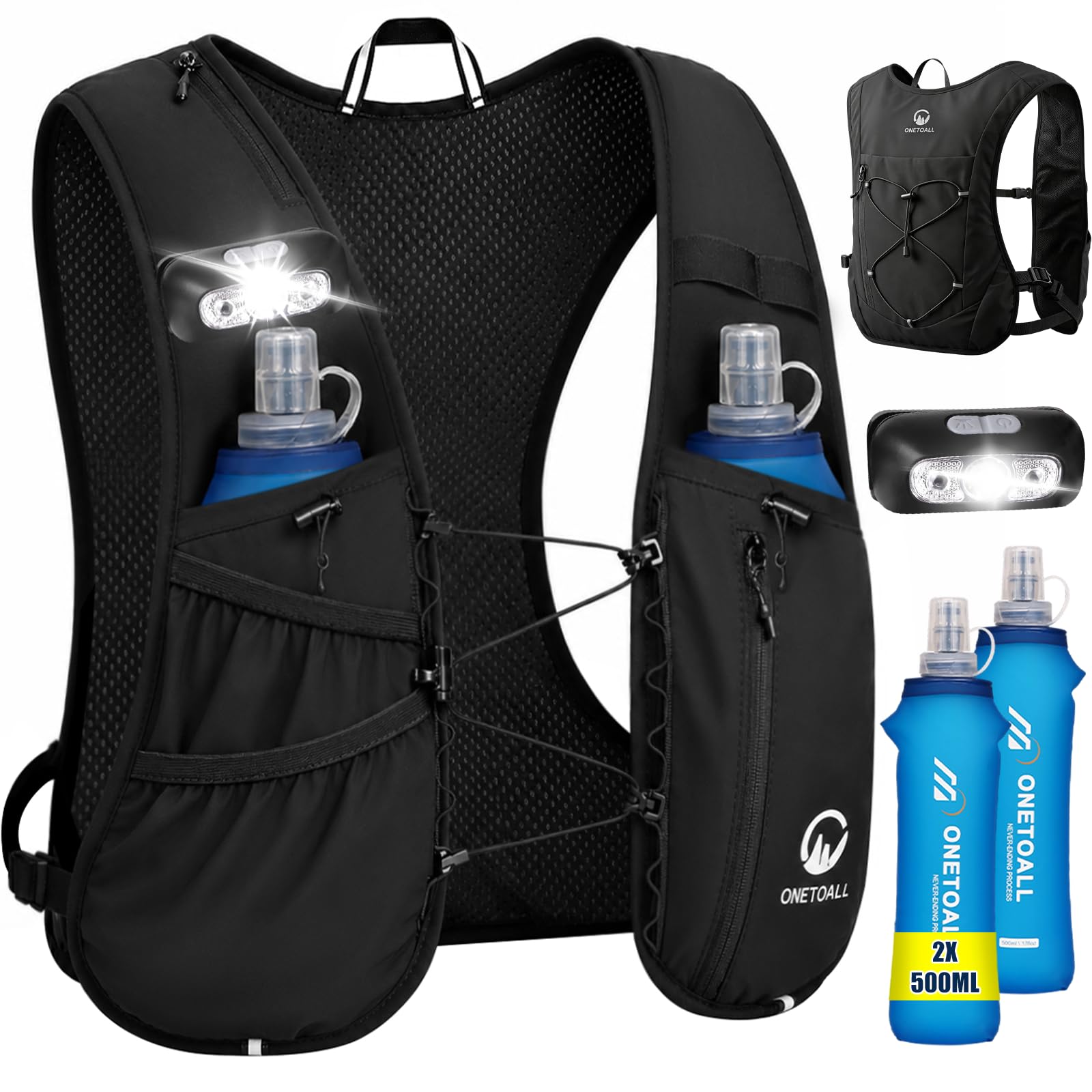 Chaleco Running Hombre Mujer con 2× Soft Flask 500ml y Luz LED Recargable, Chaleco Hidratacion Trail Running, Running Vest Ultraligero, Mochila Hidratacion para Correr Senderismo Montaña Bici