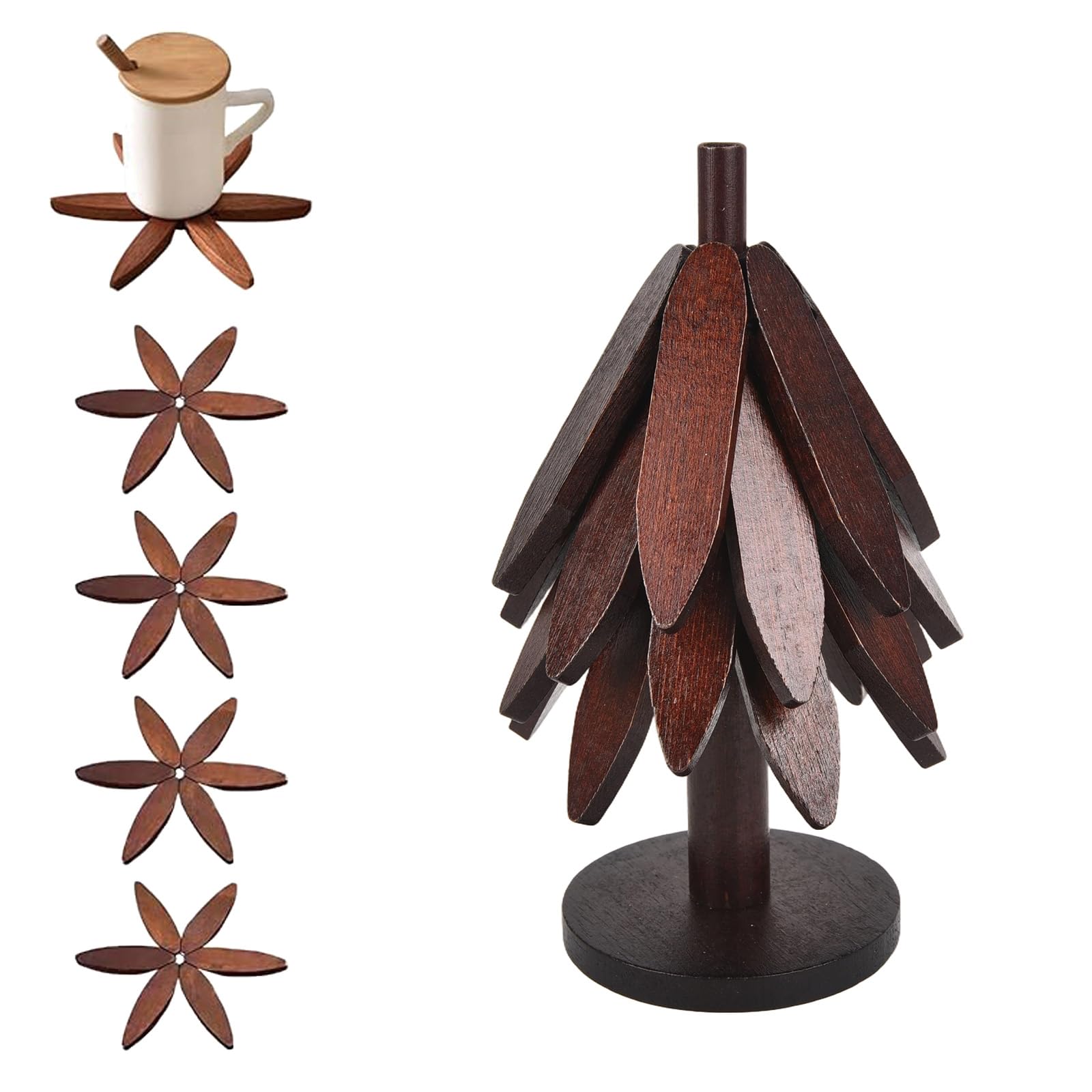 TopHomer Wooden Trivet Tree Set for Hot Dishes, 4 Flower-Shaped Foldable Drink Coasters for Mugs & Water Glasses, Decorative Table Protector for Home Kitchen Dining (Walnut Color, four floors)