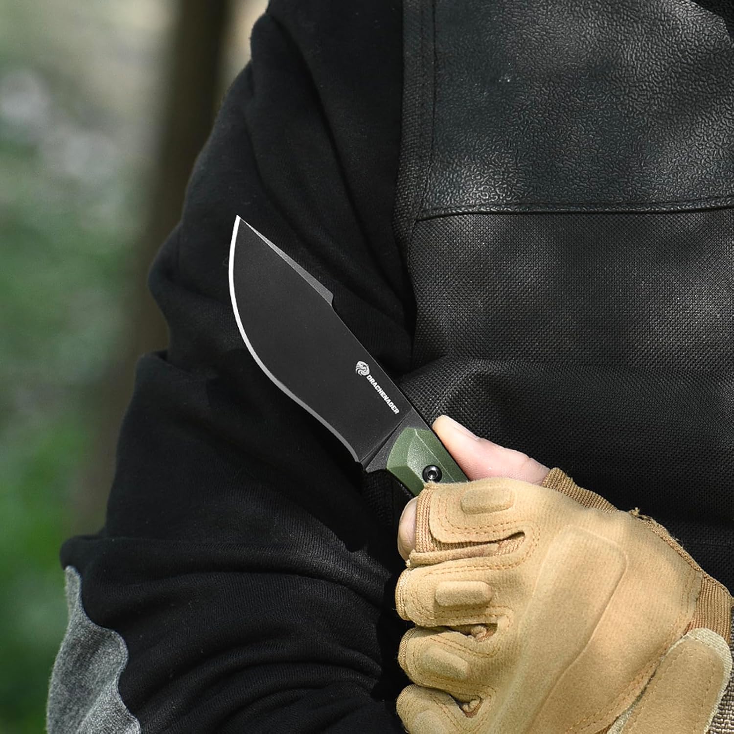 DRACHENADER 7.68" Small Fixed Blade Knife with Fire Starter L-Y, Full Tang Survival Knife w/Sheath and Clip, Camping, Green+ Black