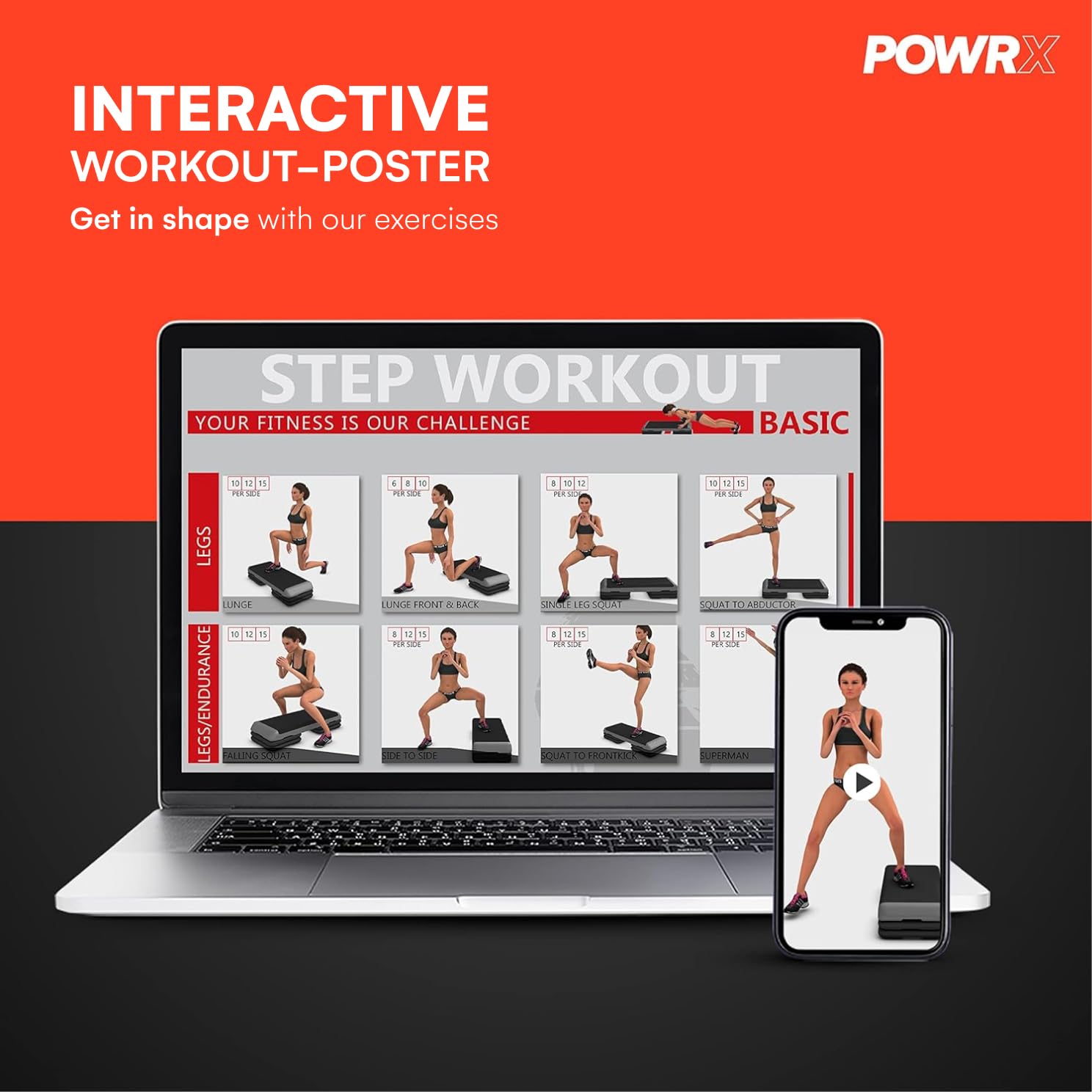 POWRX Aerobics Professional Fitness Stepper (89 x 34 cm) | Stepper Training zu Hause oder im Fitnessstudio | Höhenverstellbar | rutschfeste Oberfläche