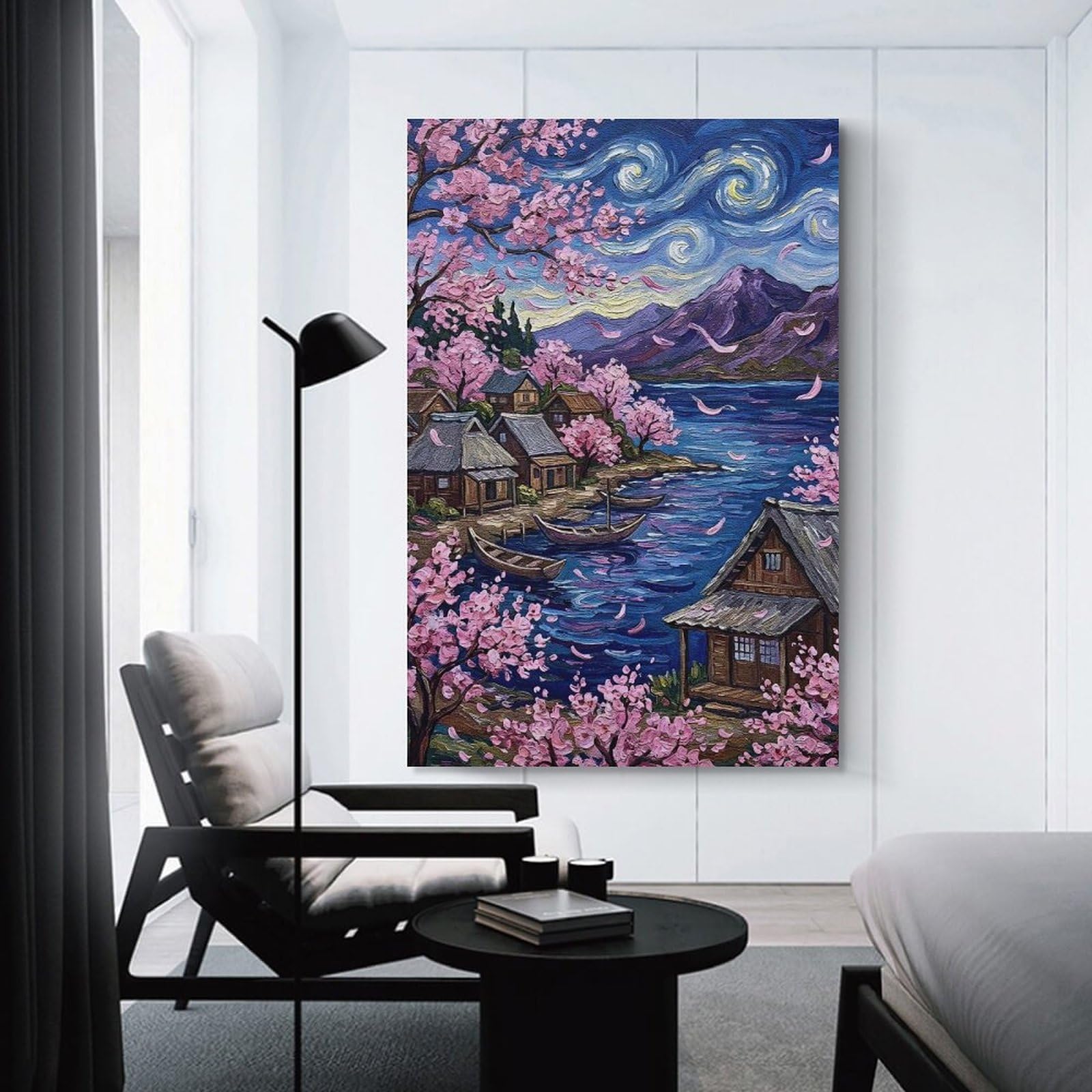 Junmoney Cherry Blossom Village by The Lake Room Decor Wall Art 20x30inch(50x75cm), for Art Walls, Layered Displays Or Homes, Wall Decor Suited to Curated Displays