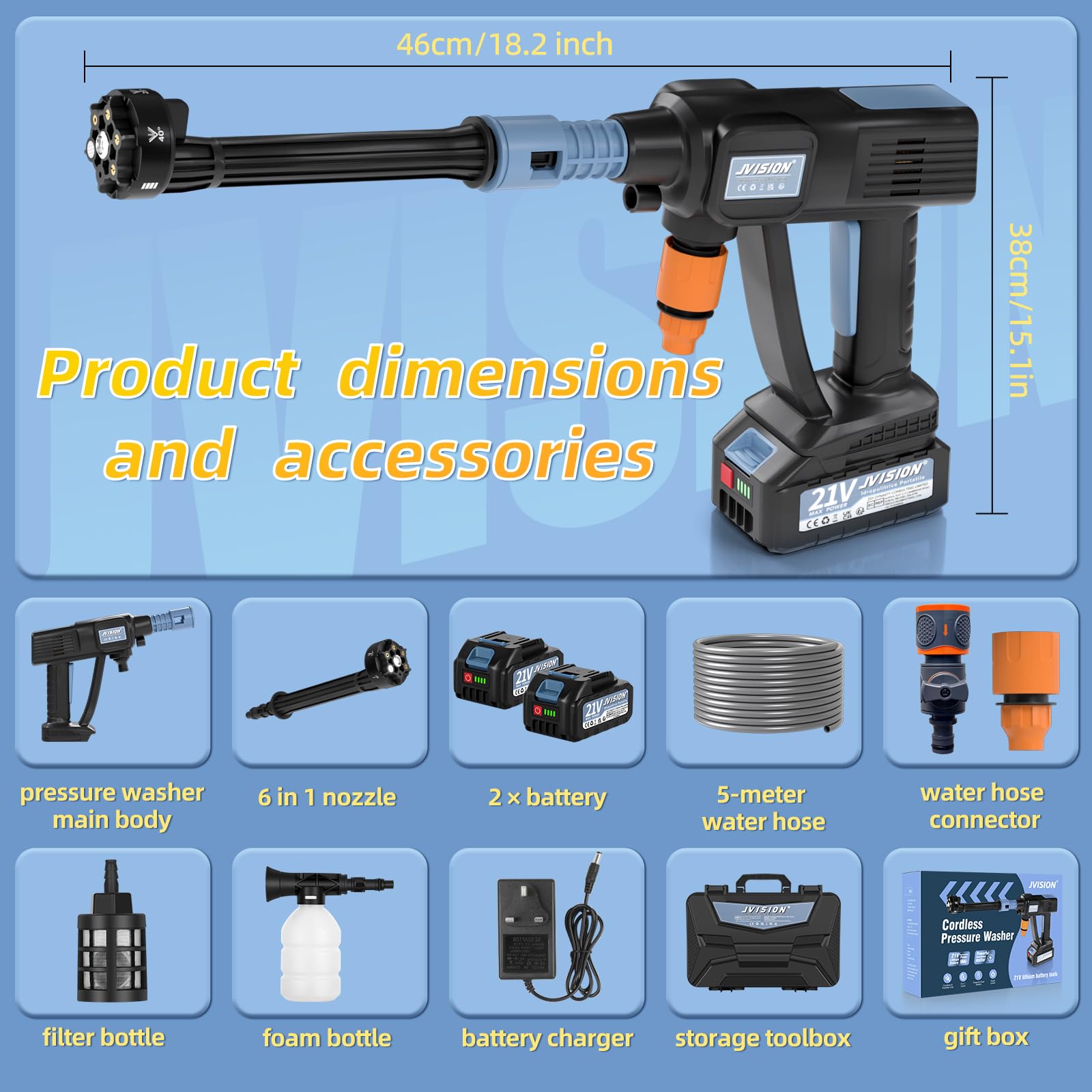 Cordless Pressure Washer, Portable Power Washer for Patio & Car, 6 in 1 Battery-Operated System with 5M Hose, Jet Wash Tool with Dual Batteries, High-Pressure Cordless Jet Cleaner — view 9