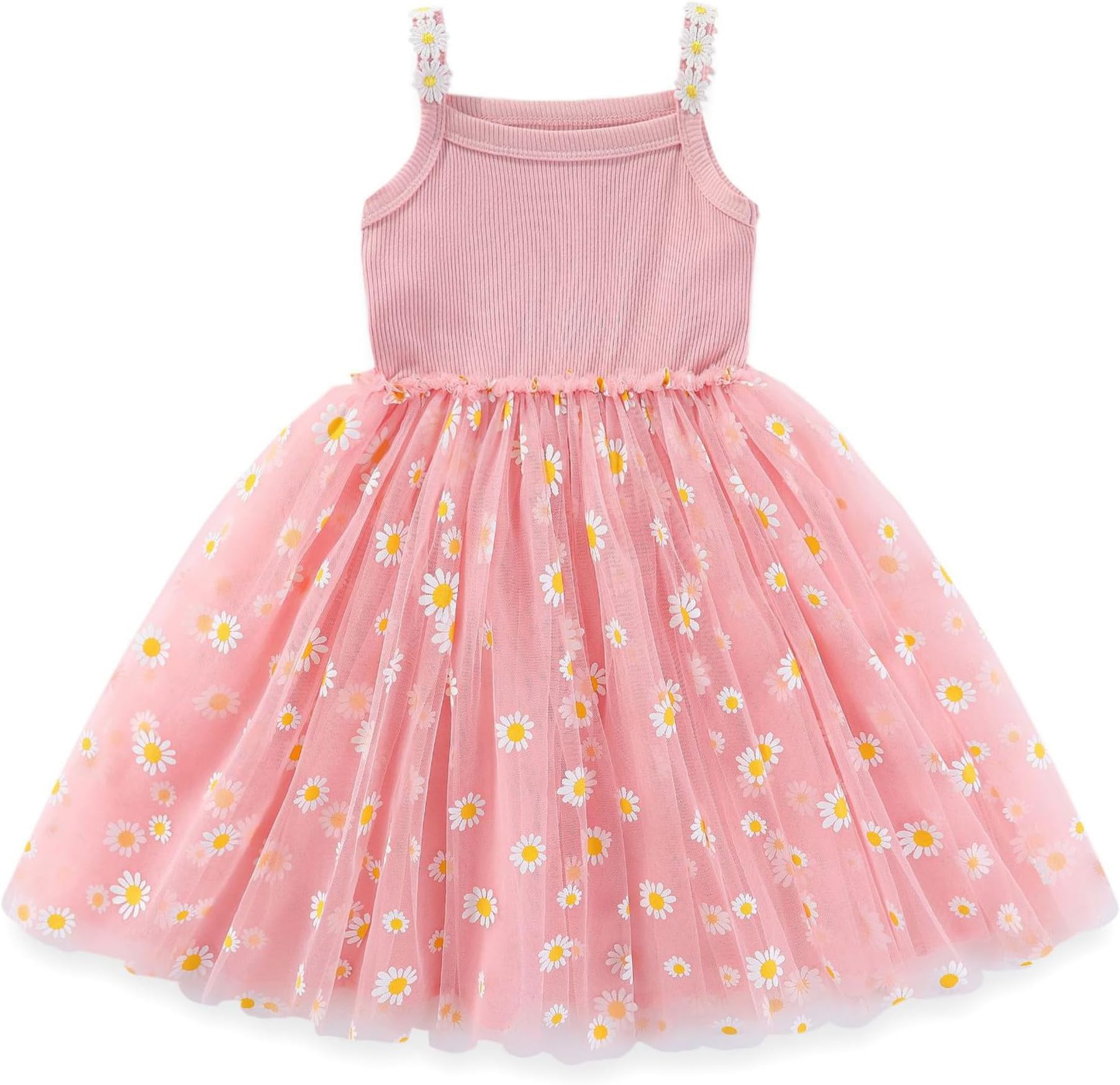 IWEMEK Toddler Kids Baby Girls Daisy Dress Spaghetti Strap Ribbed Knit Tulle Tutu Dresses Flower Girl Wedding Party Bridesmaid Birthday Pageant Prom Dresses Ball Gown