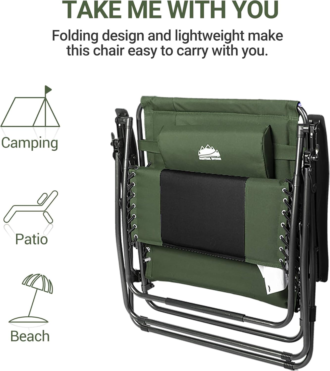 Coastrail Outdoor Zero Gravity Wood Armrest XXL Camping Lounge Patio Support 400lbs Padded Reclining Folding Lawn Chair with Side Table, Green/Black : Everything Else