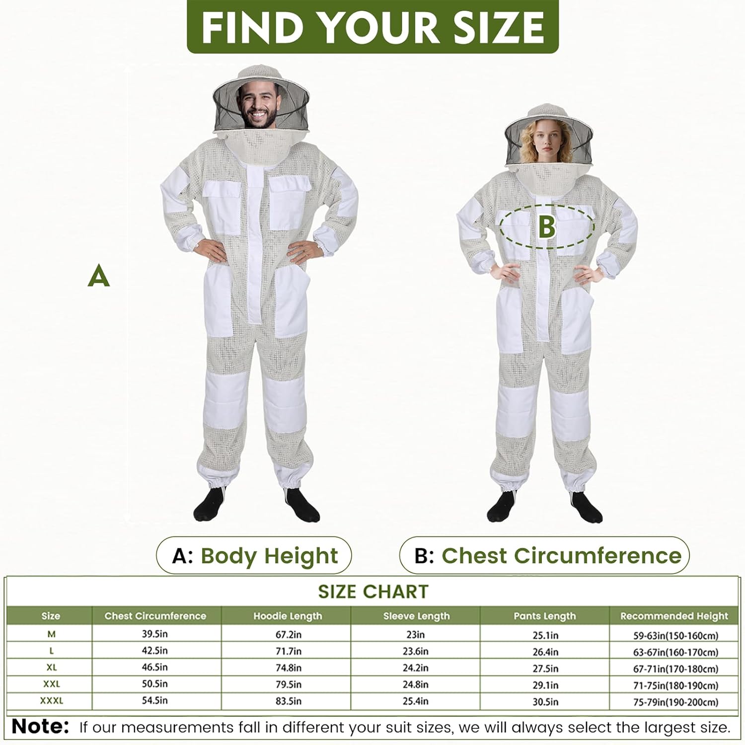 Upgraded Bee Suit for Men & Women Sting Proof, Thickened Ventilated Beekeeper Suit with Gloves & Round Veil, Full Protection Beekeeping Suits(XXL 5'11"-6'3")