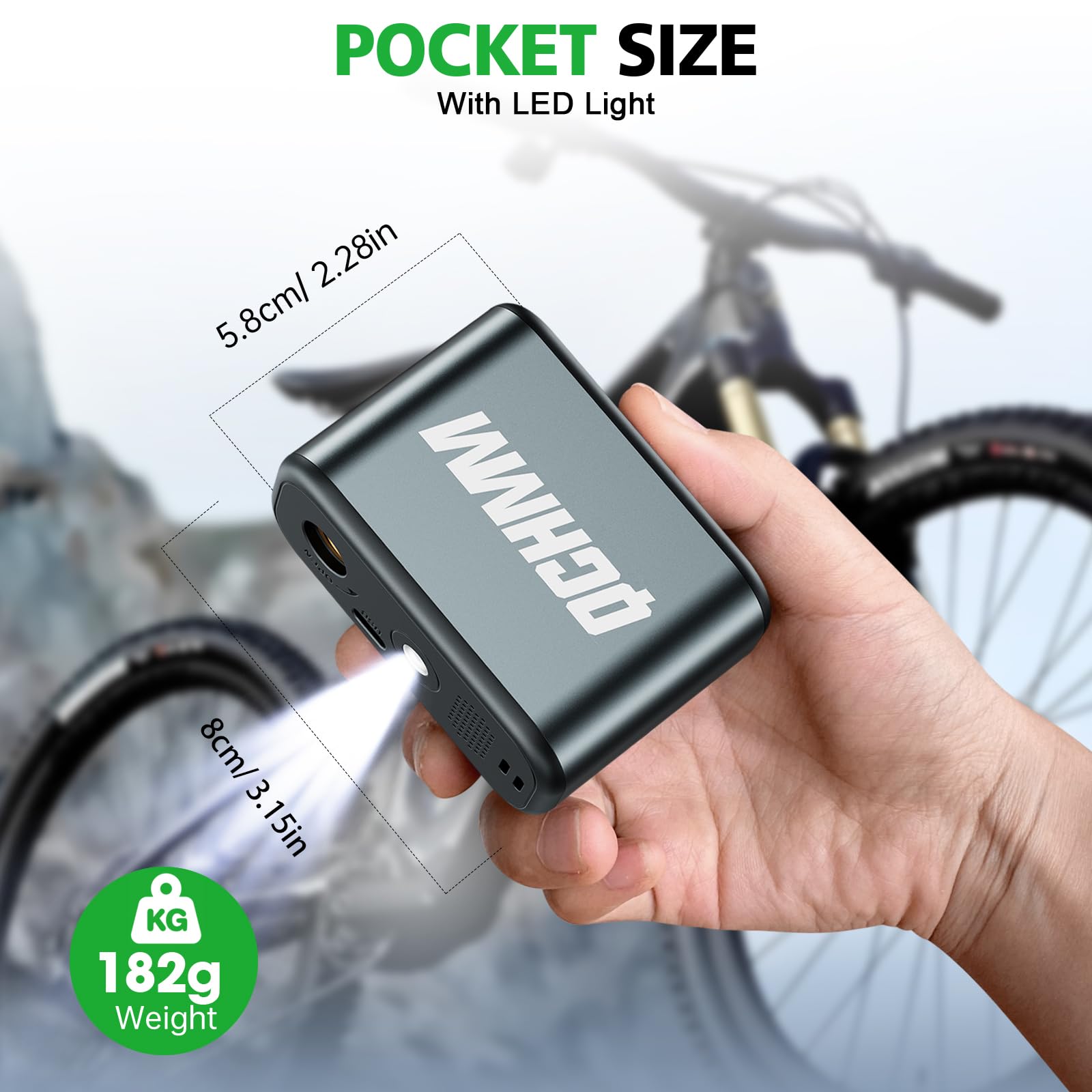 Pompa per Bicicletta Elettrica Mini con Manometro, 120PSI Bike Tire Pump Portatile per Valvola Schrader e Presta, Unità PSI/BAR