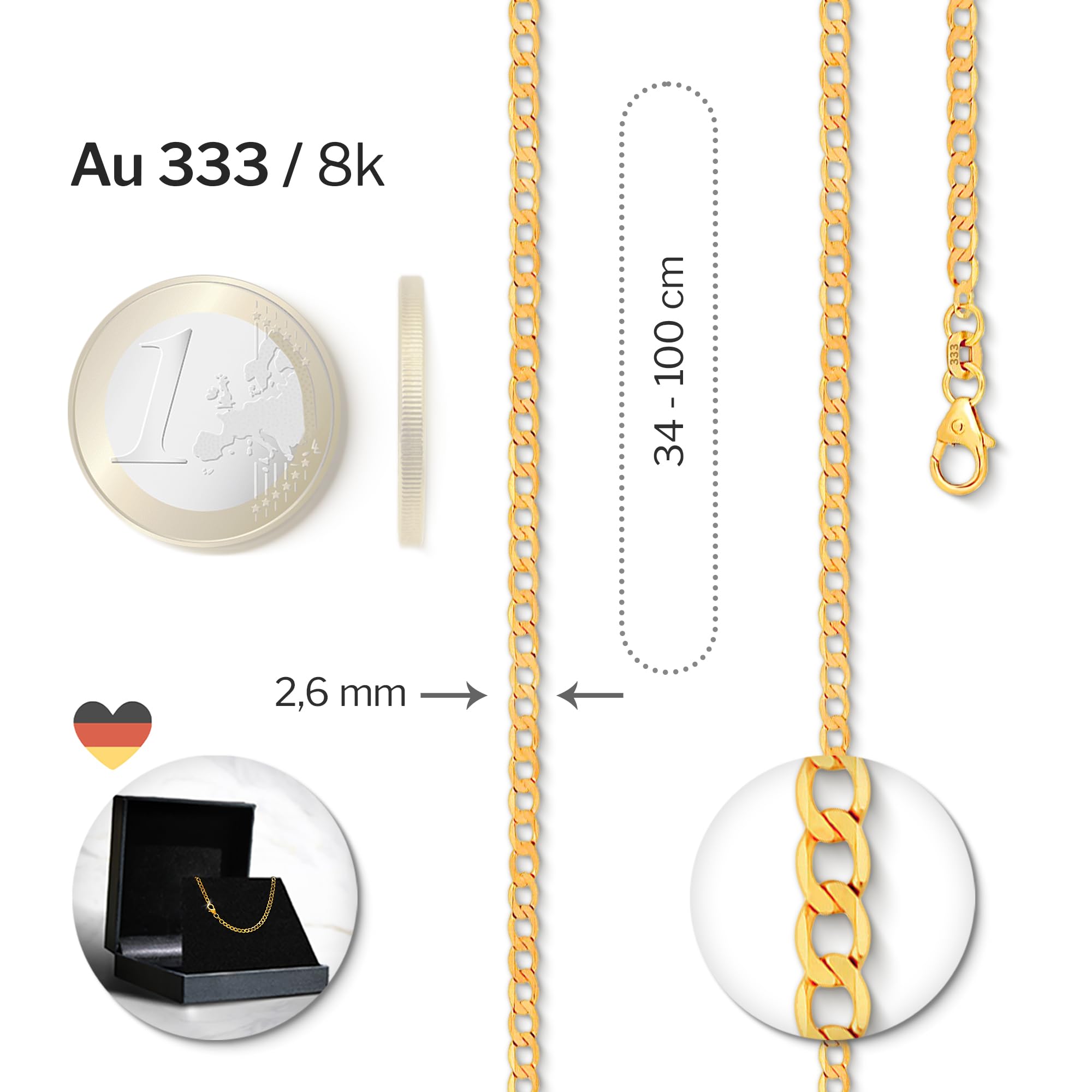 EDELIND 333 585 Goldkette Herren Echtgold, 2,6mm Panzerkette, auch 375 750