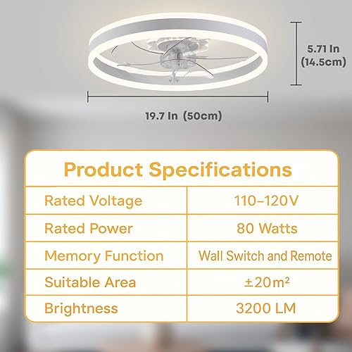 Miniatura 6 de Fszdorj Ventilador de techo con luz, ventilador de perfil bajo actualizado 2024 de 20 pulgadas, ventilador de techo de montaje empotrado, 6