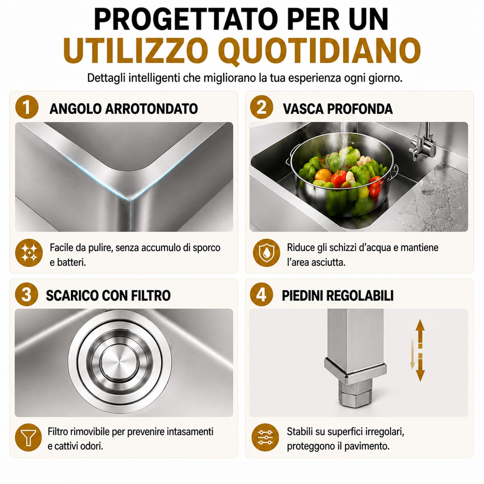 Lavello Cucina Autoportante Argento in Acciaio Inox con Rubinetto