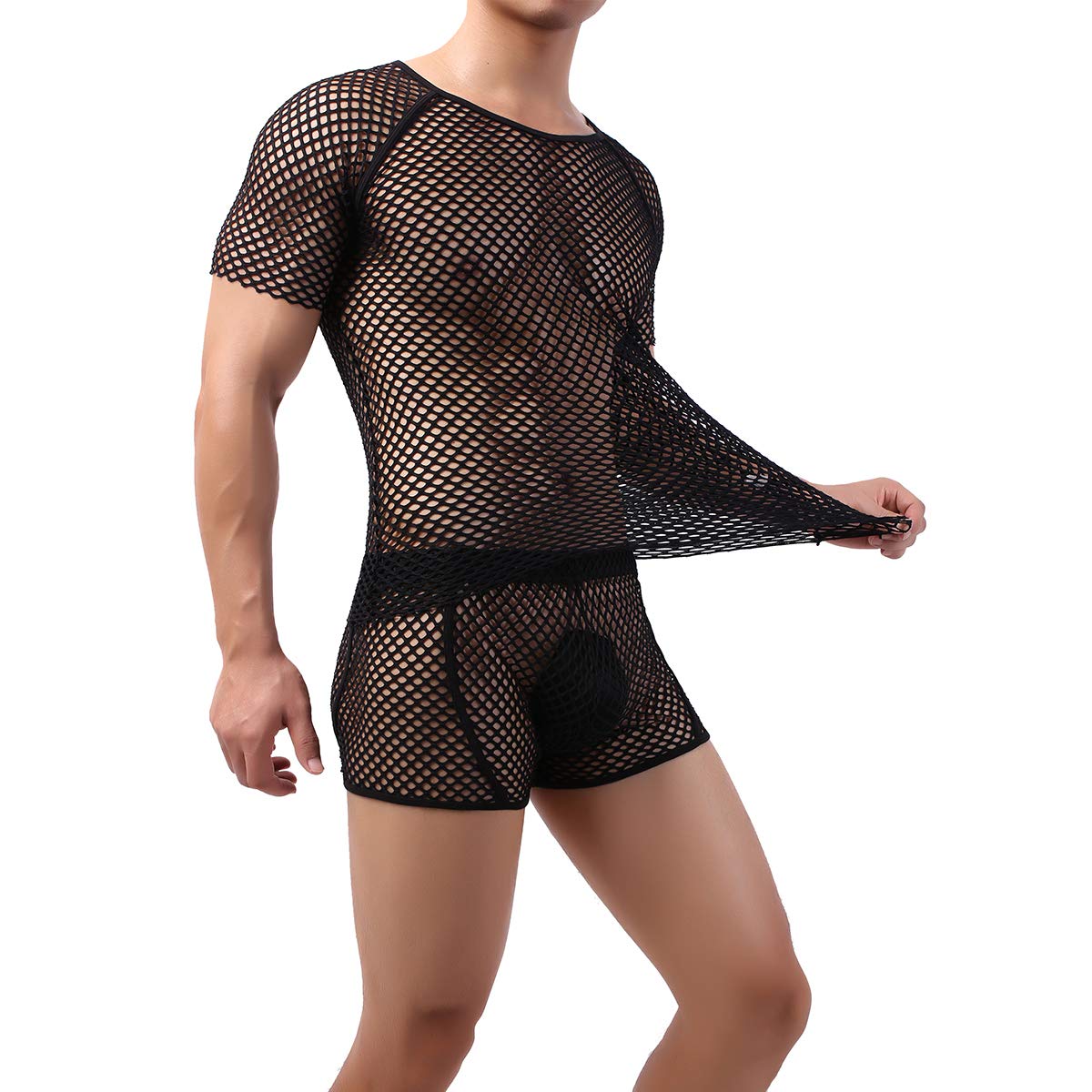 YOOBNG Exposed Loose Mesh Men's Tops Summer Sheer Sexy Mesh Man Boxer with T-Shirt See Through Transparent Men Underwear One Suit