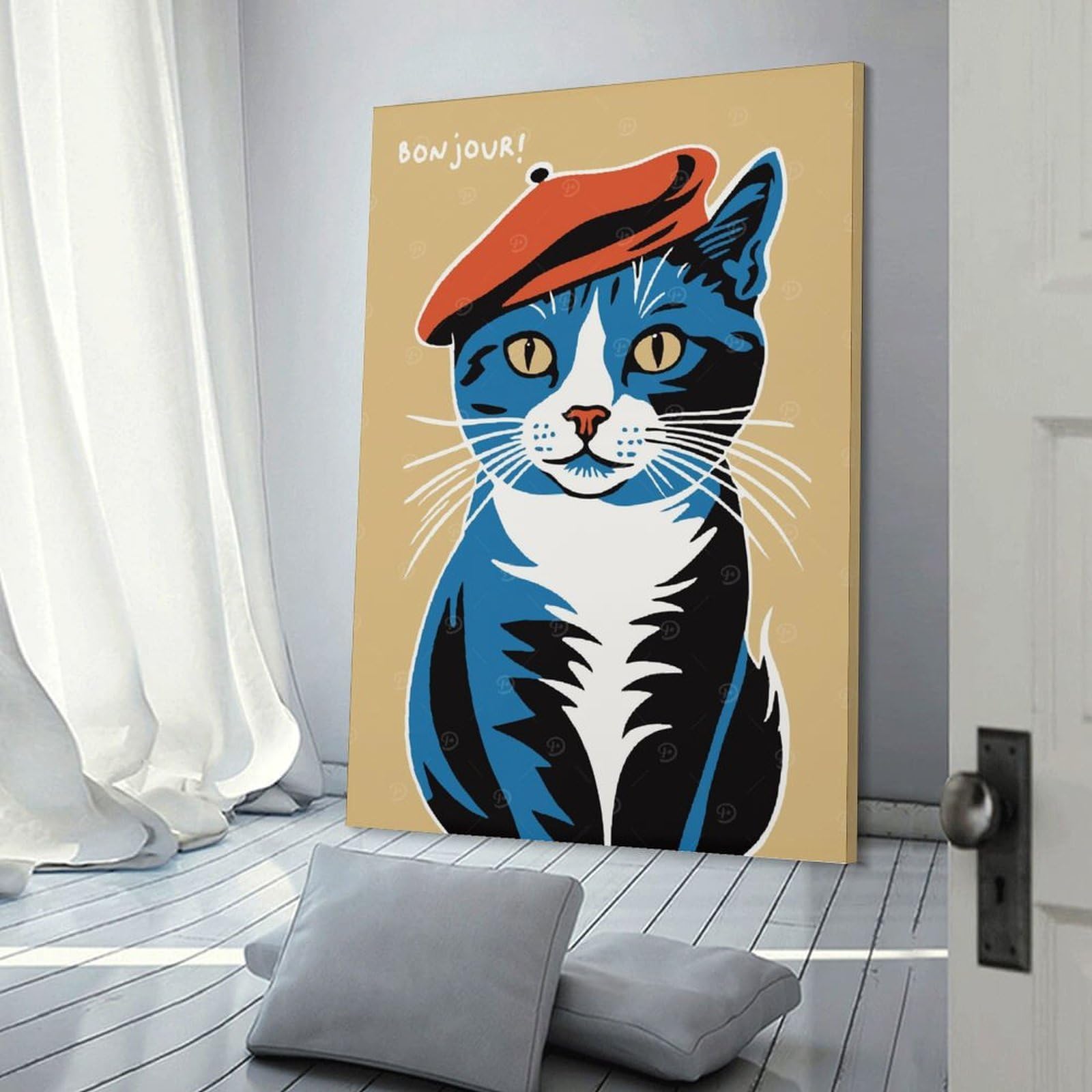 Junmoney Bonjour Cat in Beret Decorative Canvas Print 24x36inch(60x90cm), for Gallery Wall Layouts in Home Or Office, Home Wall Art for Statement Displays