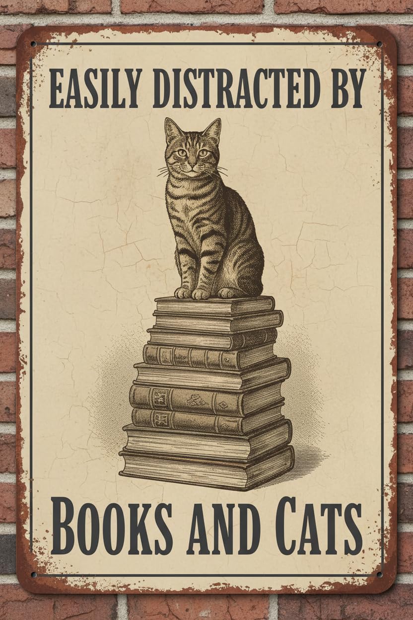 Easily Distracted By Books And Cats Tin Sign, 8x12 Inch
