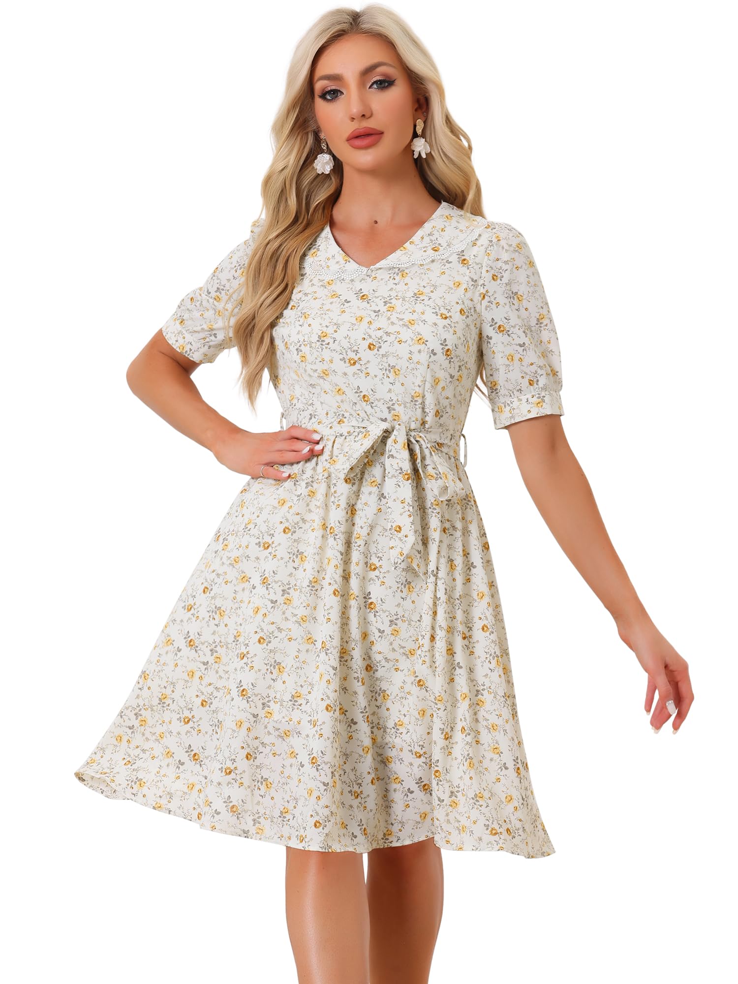 Allegra K Womens Vintage Peter Pan Collar Flowy Midi Floral Dress