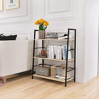 SpringSun 4 Tier Bookshelf Industrial Ladder Shelf Open Display Storage Rack Wood Bookcase with Metal Frame, Freestanding Storage Shelves for Home Office, Living Room, Bedroom, Kitchen