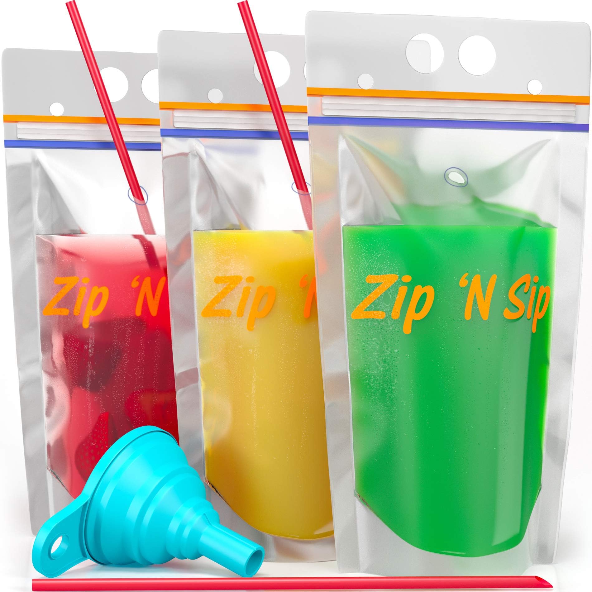 100 Hand-Held Drink Pouches with Straw Hole: BPA Free Clear Plastic Smoothie Bags with 100 Straws, Silicone Funnel, Heavy Duty Reclosable double zipper leak proof Stand Up Pouch with Bottom Gusset