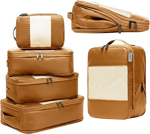 Nook Theory 6 Pack Compression Packing Cubes Travel Essentials Lightweight, Premium Luggage Organizer Bags with Handles, Water-Resistant Travel Accessories Suitcase Organizer (Caramel)