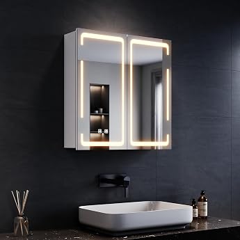 SONNI LED Bathroom Mirror Cabinet 59 x 60 cm with Socket Wireless Hinges [Energy Class D]