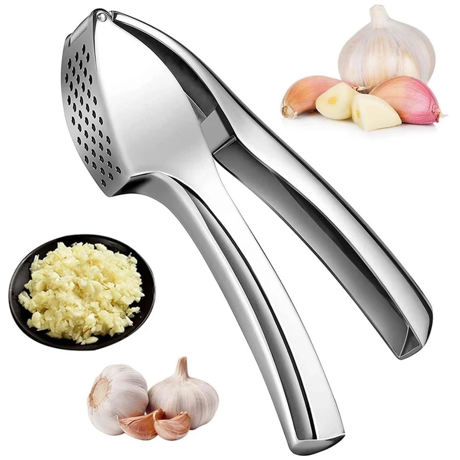 Knoblauchpresse aus Edelstahl, abnehmbares Küchenwerkzeug, leicht zu drücken und zu reinigen, feine Zinklegierung, kompaktes Design für effizientes Zerkleinern von Knoblauch