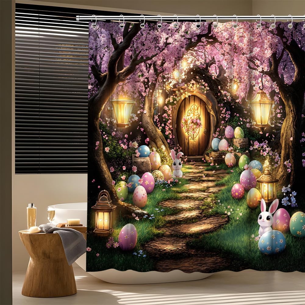 Easter Shower Curtain Spring Cherry Blossom Tree with Colorful Eggs and Bunny Fantasy Garden Pathway with Lanterns Theme Bath Curtain Fabric Bathroom Accessories Decor with Hooks 70W x90L