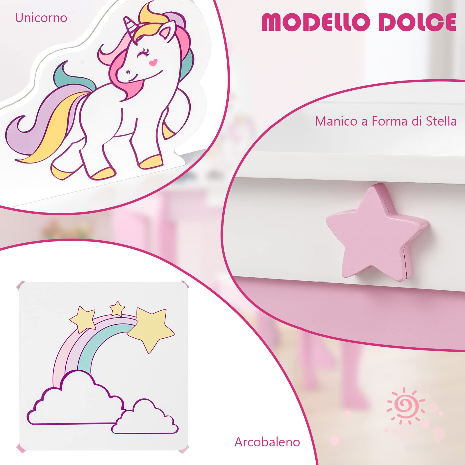 RELAX4LIFE Toeletta da Trucco con Sgabello per Bambini, Scrivania con Specchio Rotondo Rimovibile, Cassetto con Manopola a Stella, Scrivania e Sedia per Cameretta, Modello Unicorno (Rosa)