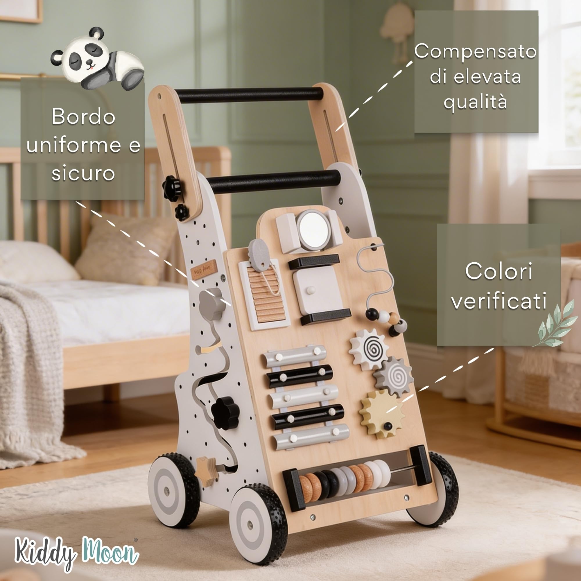 KiddyMoon Girello Interattivo In Legno Per Bambini Multifunzione Primi Passi WK-001, Bianco-Nero