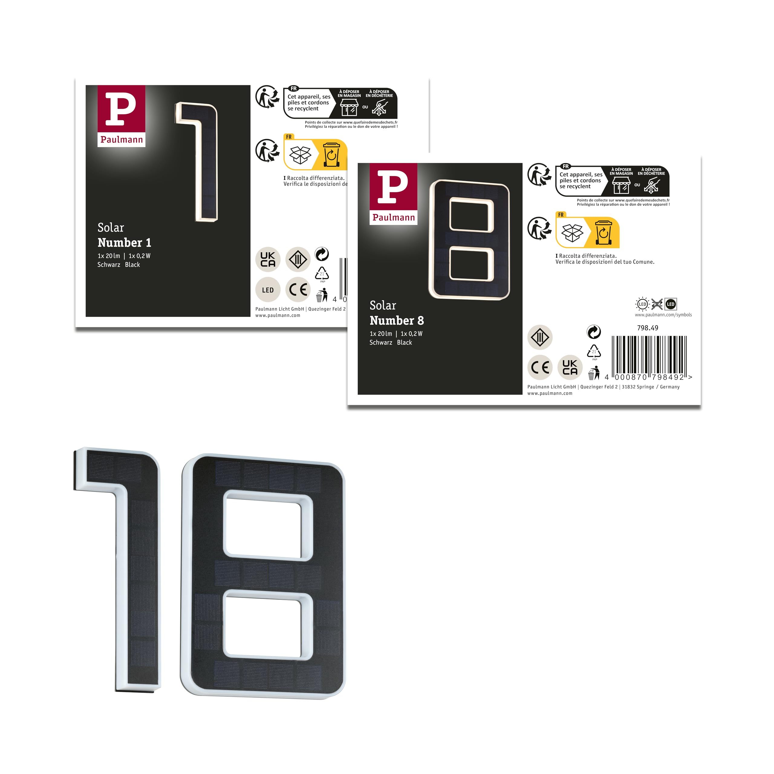 Paulmann 5298 Set Solar LED Hausnummernleuchte inkl. wechselbarer Akku Nummer 18 3000K 2x6lm 2x0,2W Schwarz