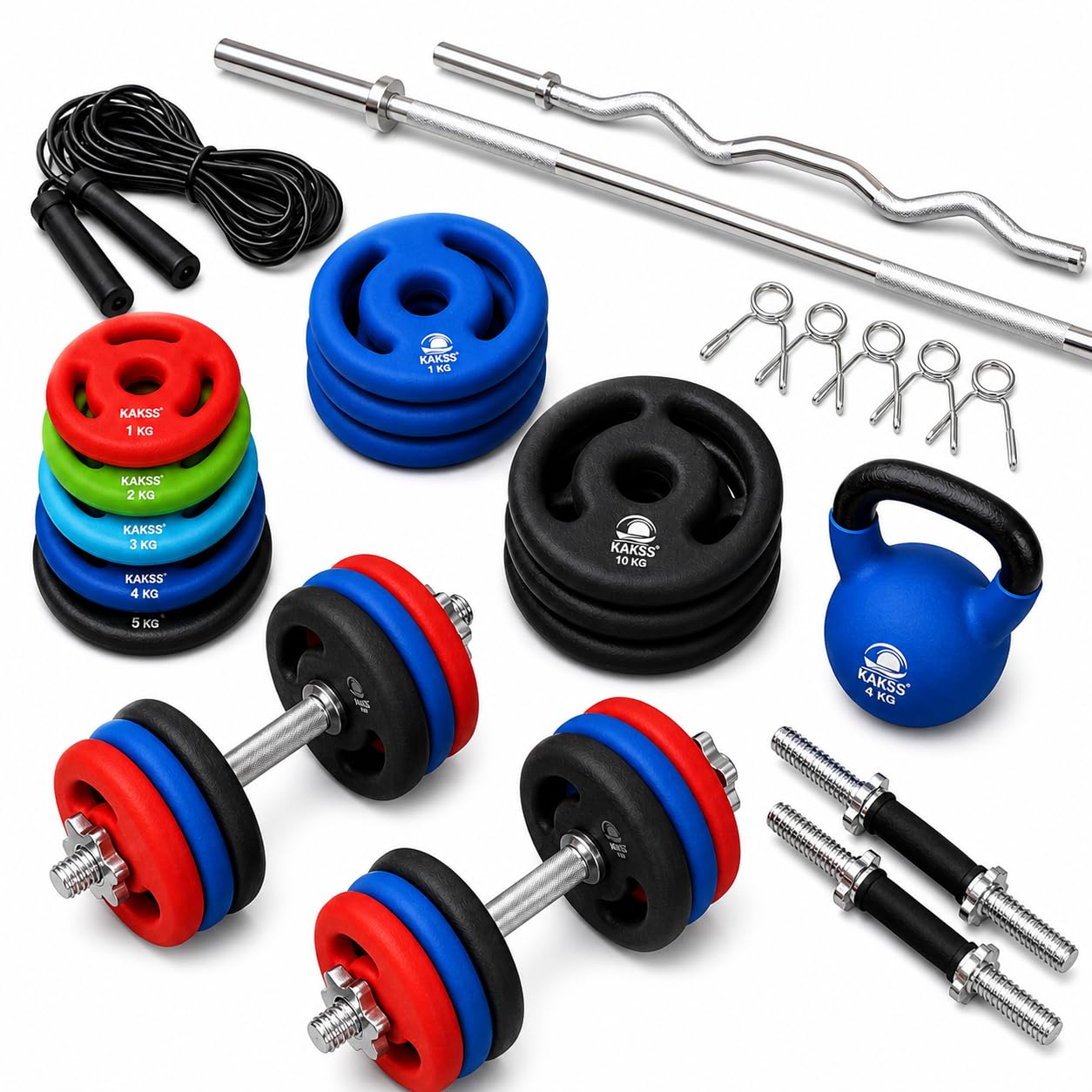 Kakss Professional Gym Training (10 Kg to 200 Kg) Home Gym Set with Exclusive Neoprene Coated Weight Plates; Home Gym Combo with Kettle Bell Bonus Skipping Rope !!! (30 KG)
