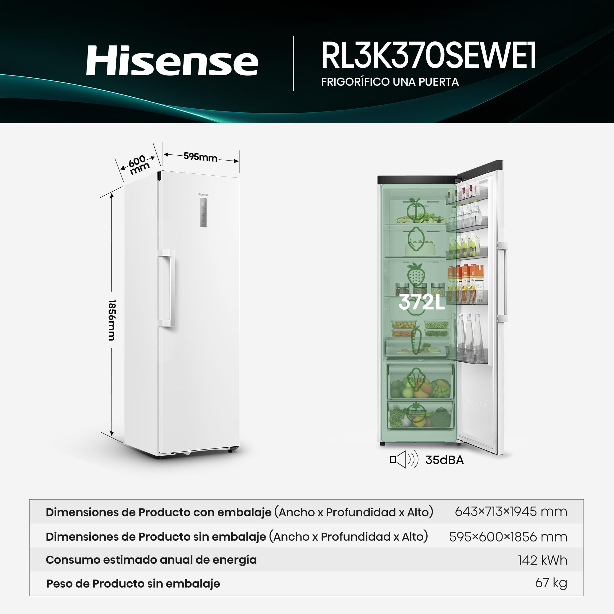 Hisense RL3K370SEWE1 - Frigorífico 1 puerta Total No Frost, Kitchen Fit, 372L, Alto 186cm x Ancho 60cm, Clase E, Ventilación Inferior, Apertura de Puerta 90º - Color Blanco