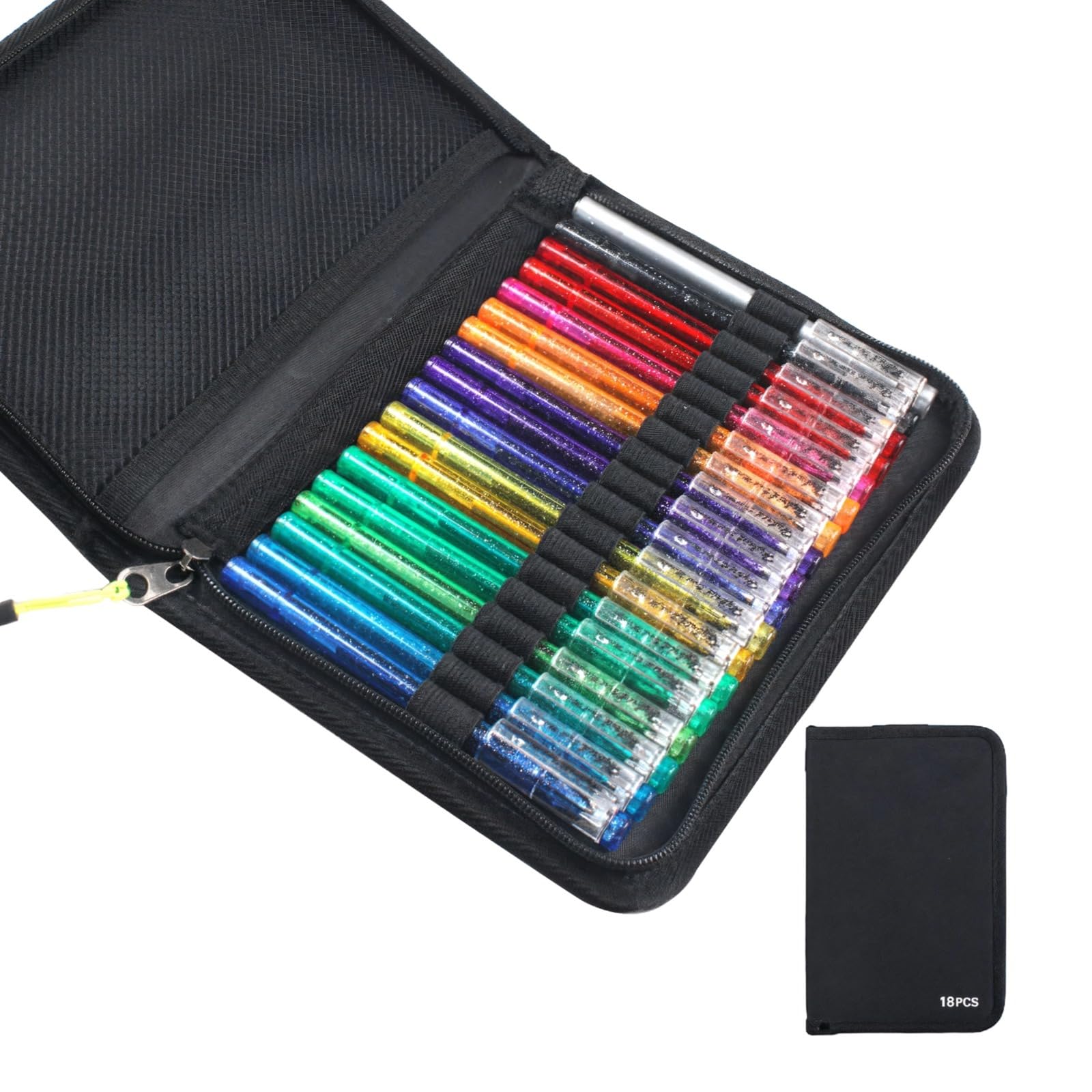 Stylos gel pailletés pour coloriage adulte, lot de 18 couleurs avec sac de rangement Oxford, double effet scintillant, écriture fluide, pointe 1,0 mm pour tracés précis