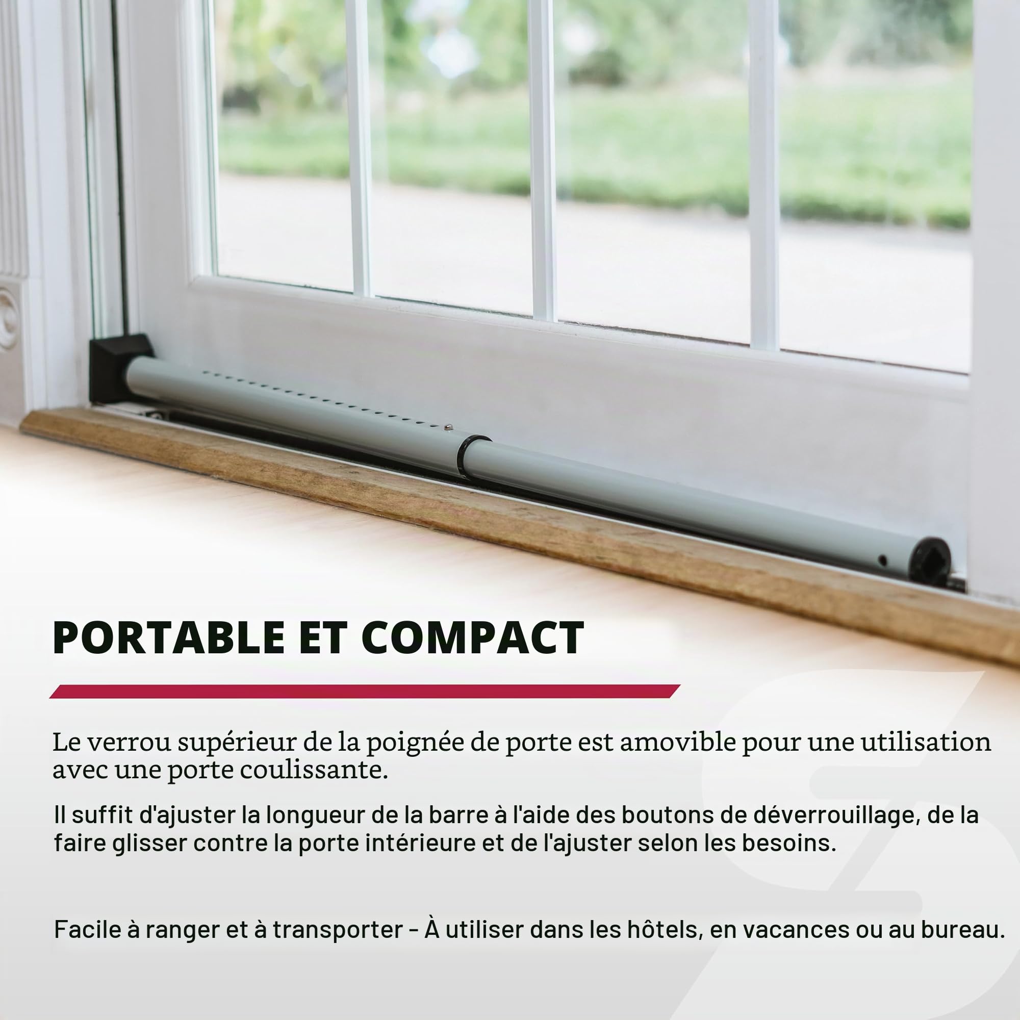 SABRE Barre de sécurité réglable 2 en 1 pour porte, cale-porte qui se fixe sur le bouton de porte, forte adhérence anti-rayures, stable contre le sol, bloqueur de bouton de porte supérieur amovible