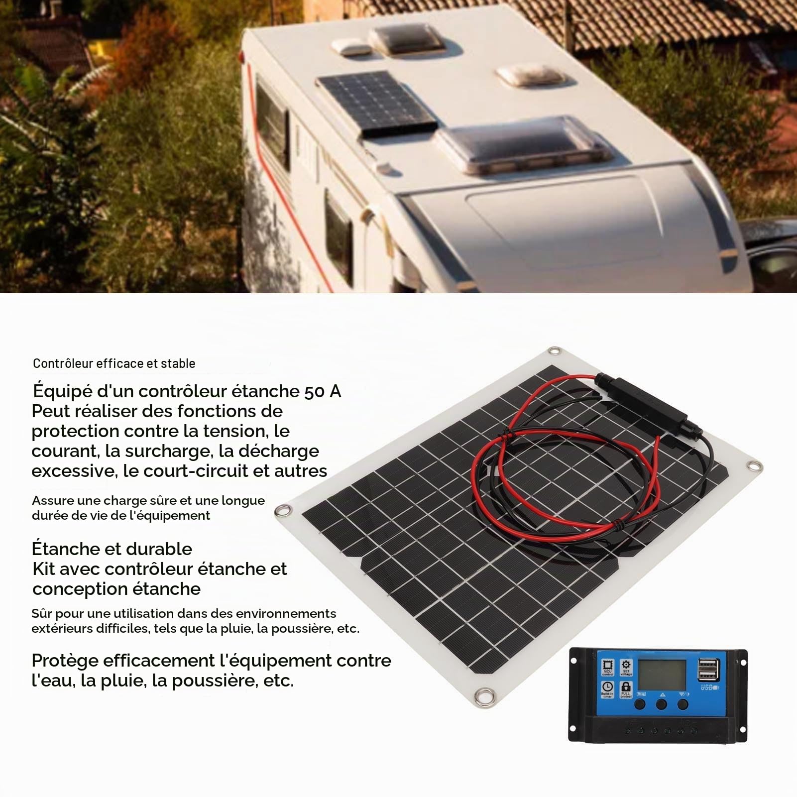 Panneau solaires 300 W haute efficacité, kit complet avec régulateur de charge IP67 50 A, compatible 12 V/24 V – idéal pour camping-car, van aménagé et usage nomade