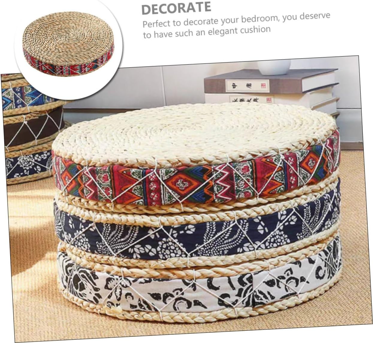 Straw Woven Meditation Cushion 30cm Diameter X 7cm Height Japanese Tatami Floor Pillow Bohemian Red Braided Seat Pad for Indoor Sitting and Zen Practice