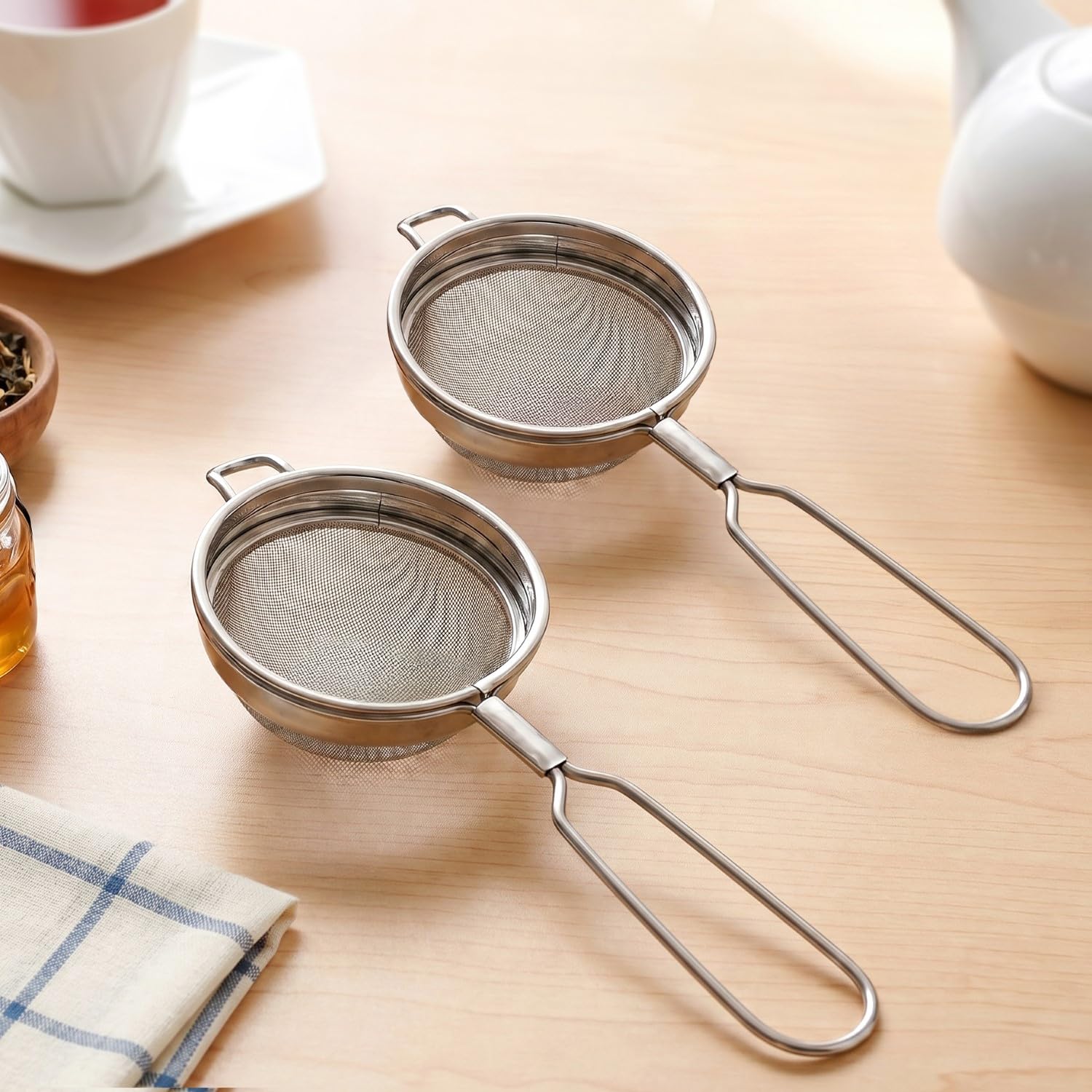 Nestasia Stainless Steel Tea Strainer Set of 2 | Fine Mesh Coffee, Juice & Green Tea Strainer | 100% Food-Safe, Rust-Resistant & Dishwasher-Safe Chai Chhalni