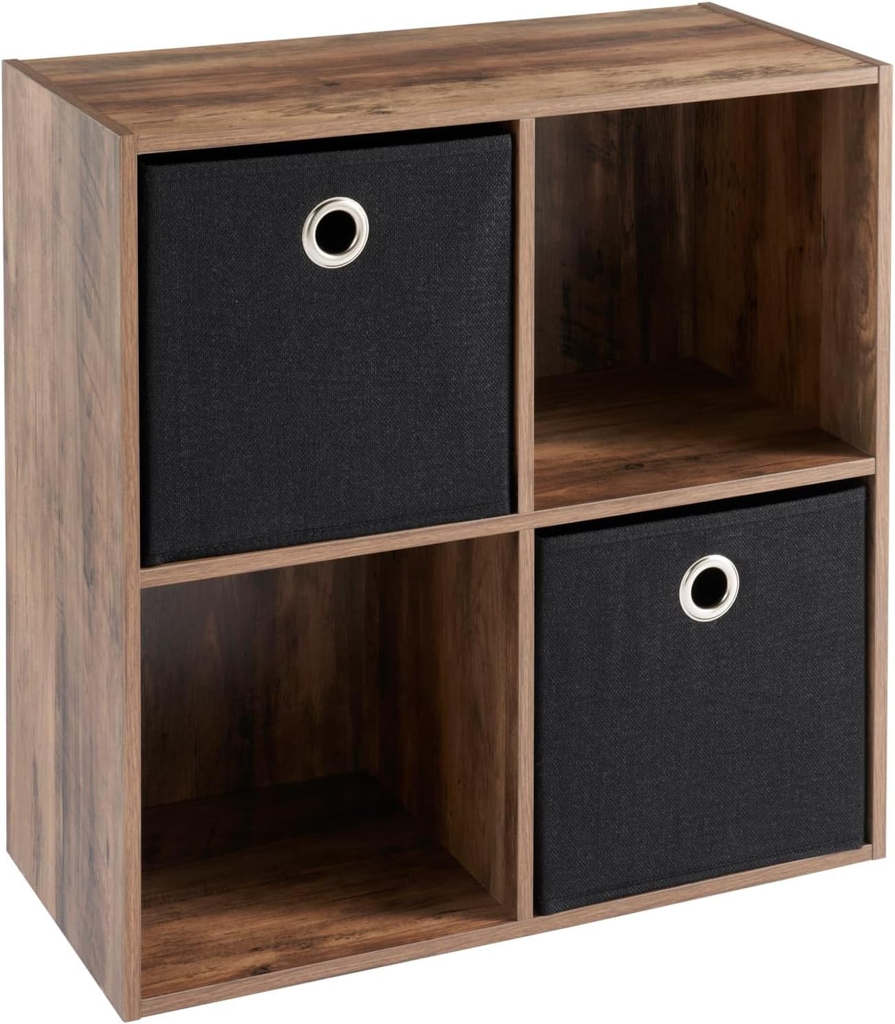 Spot On Dealz Walnut 4-Cube Storage Organizer Shelf With 2 Black Fabric Bins – Wooden Bookcase Cabinet For Home, Office, Kids Room – Toy Storage, Display Rack, Bookshelf ( Finish)